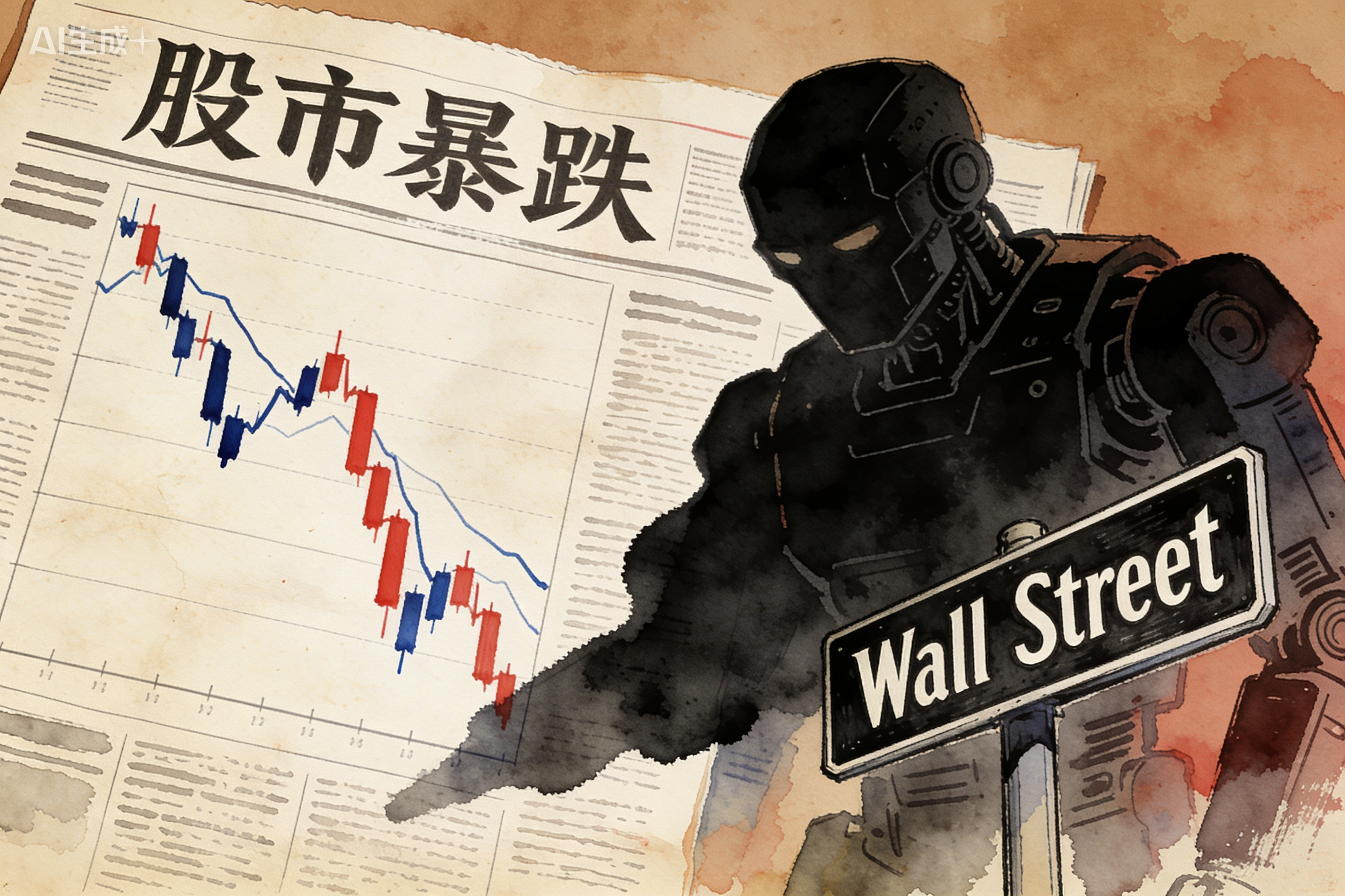 一张报纸头条显示股市暴跌的折线图，旁边有巨大机器人的阴影笼罩着华尔街的路标，羊皮纸，钢笔彩色手绘的统一风格。