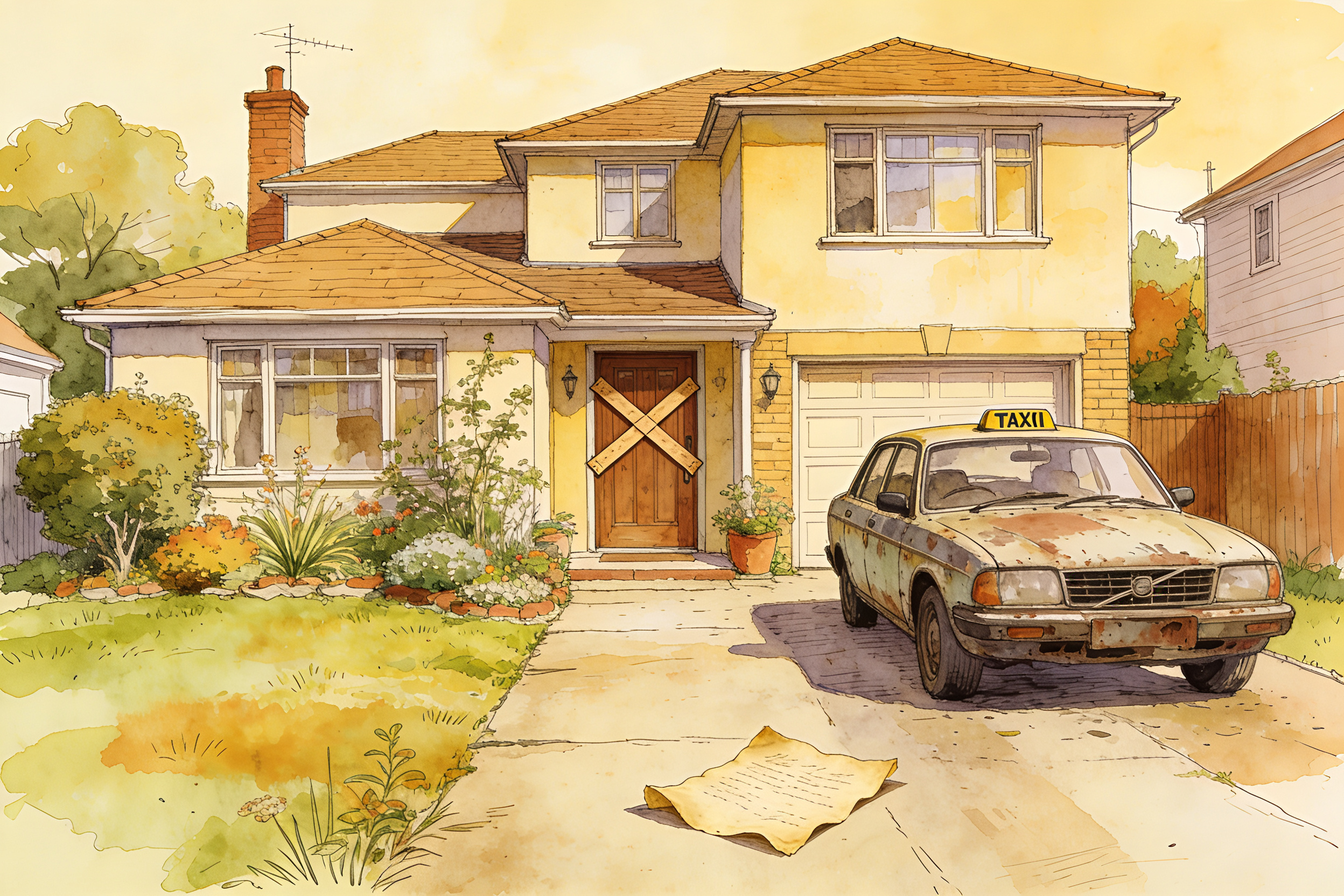 一栋带有漂亮花园的独栋别墅大门上被贴上了交叉的封条，车道上停着一辆破旧的计程车，羊皮纸，钢笔彩色手绘的统一风格。