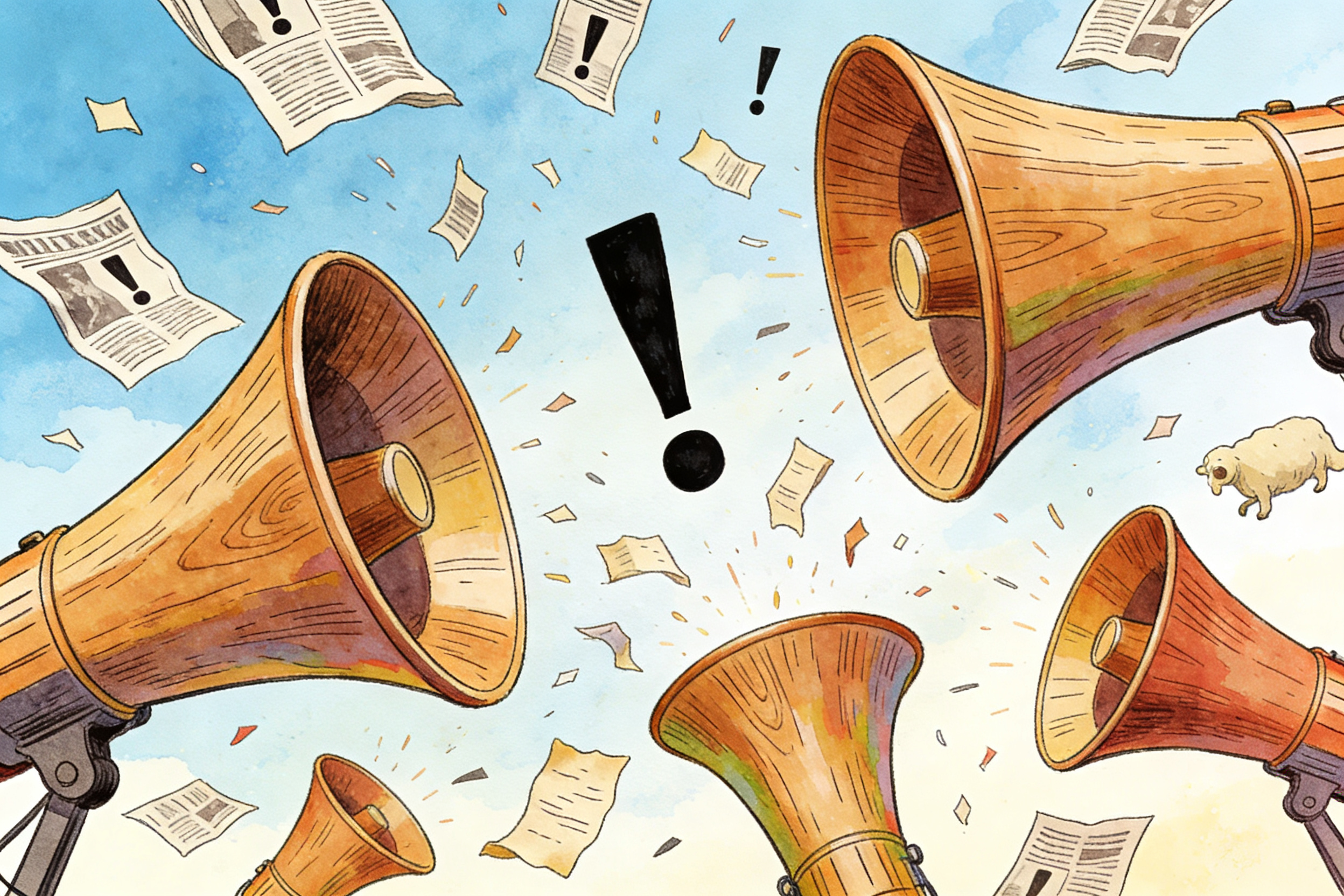 几个巨大的木制扩音器朝向不同方向广播，天空中飞舞着印有巨大感叹号的报纸碎片，羊皮纸，钢笔彩色手绘的统一风格。