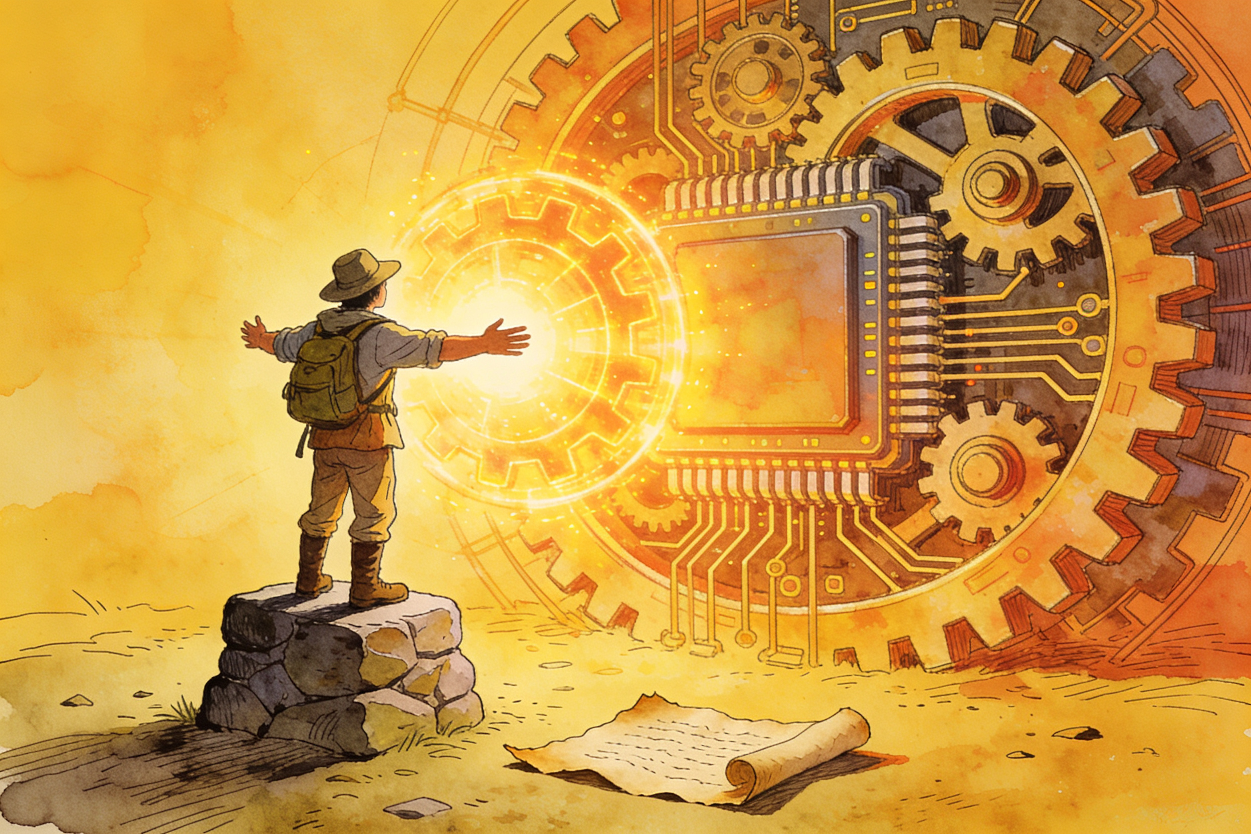 一个探险家站在坚固的石头基座上，张开双臂拥抱前方一个散发着温暖光芒的巨大齿轮和芯片结合体，羊皮纸，钢笔彩色手绘的统一风格。