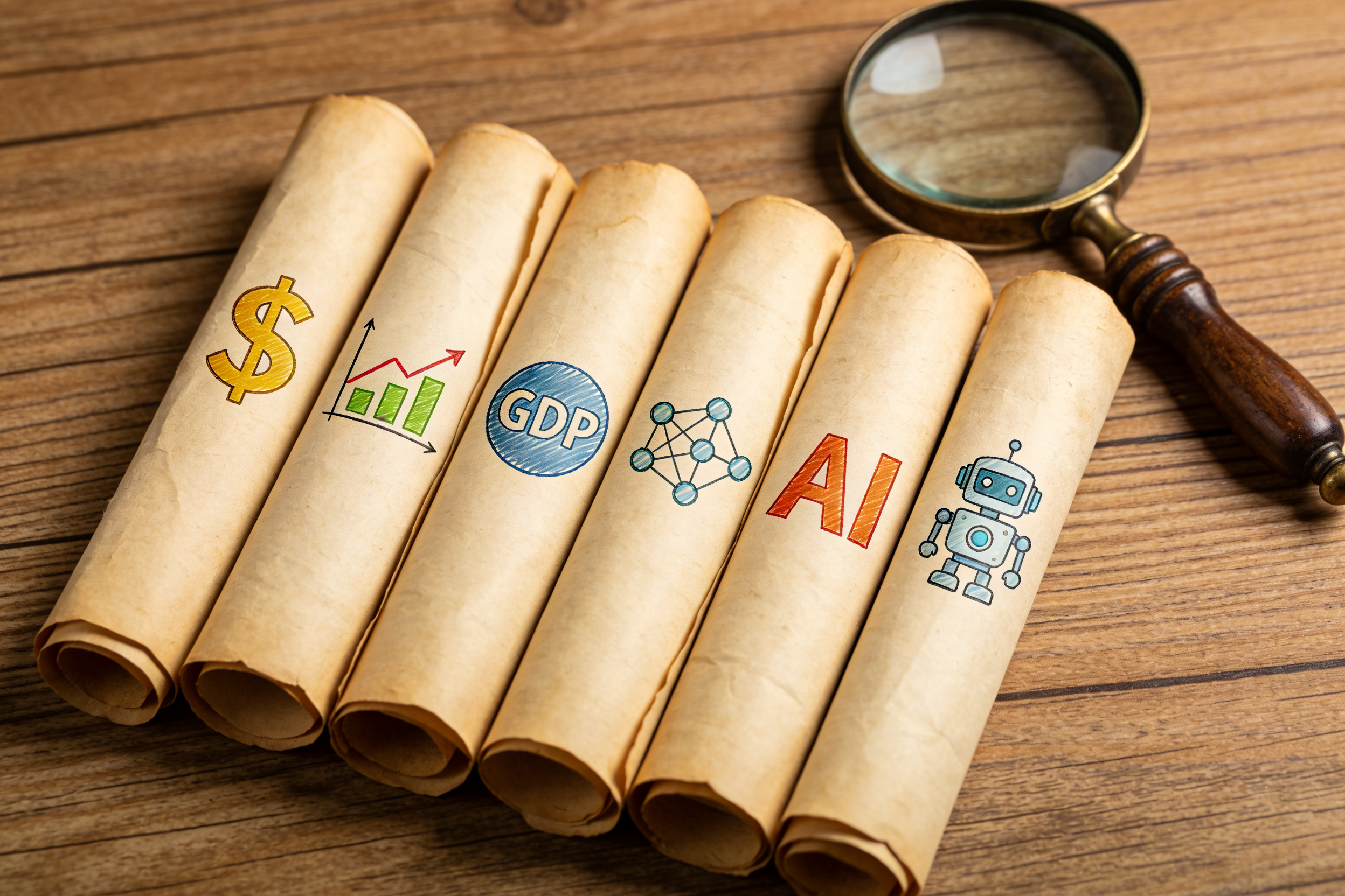 六个带有不同经济学和AI符号的复古卷轴整齐排列在木桌上，旁边放着一个古董放大镜，羊皮纸，钢笔彩色手绘的统一风格。