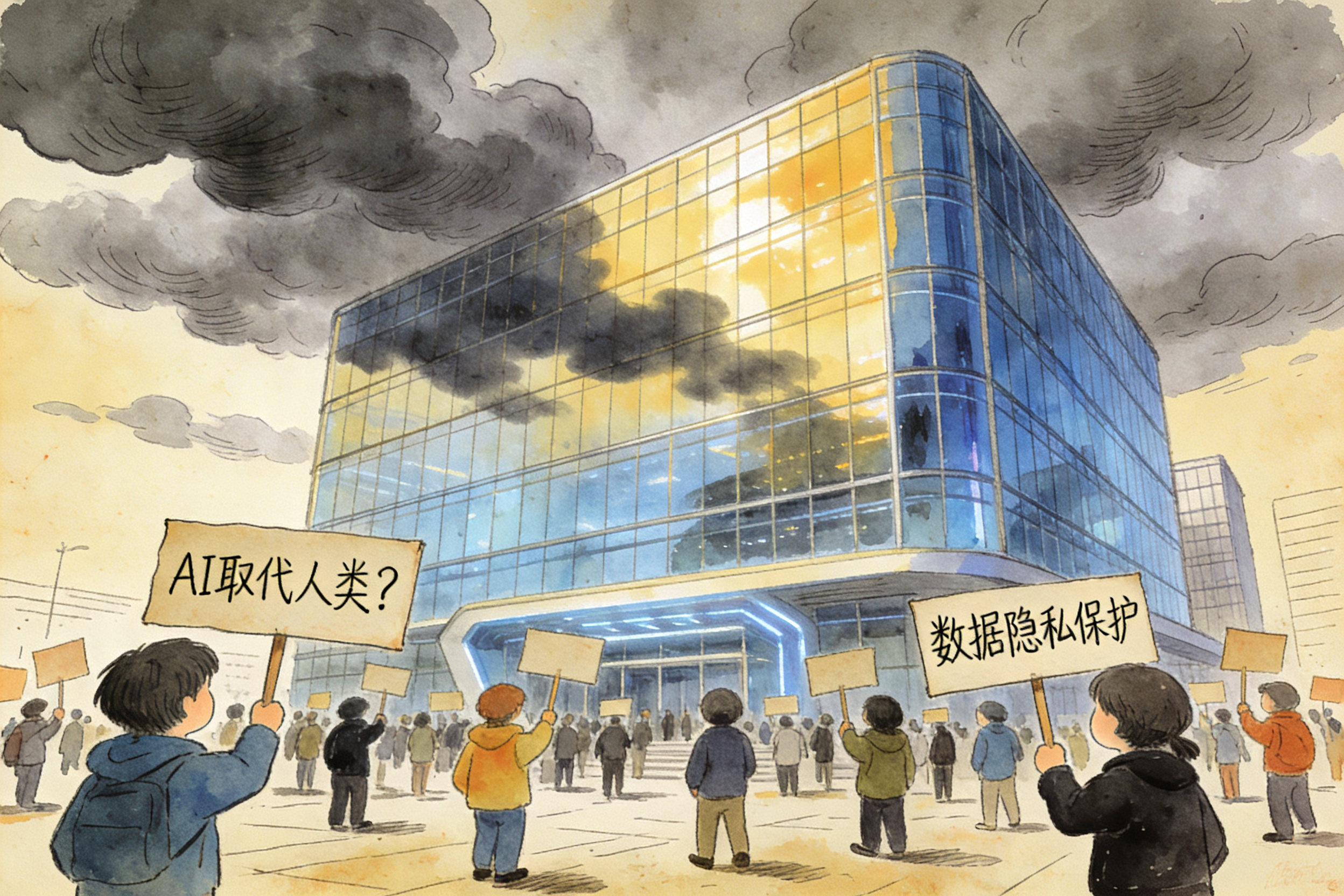  一群举着抗议牌子的小人聚集在具有未来感的科技公司大楼前，天空飘着乌云，羊皮纸，钢笔彩色手绘的统一风格。