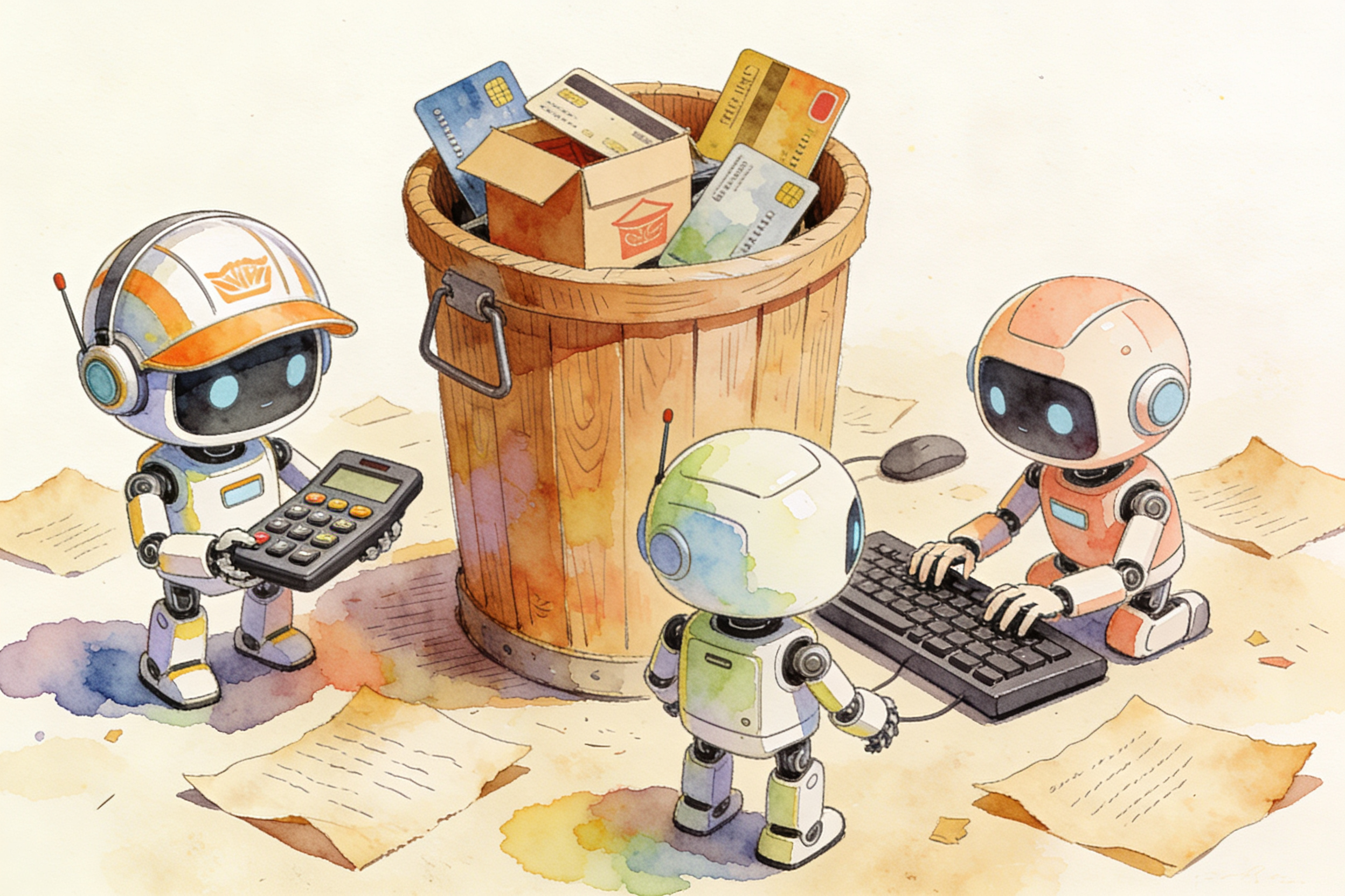 三个不同形象的小机器人分别戴着外卖头盔、拿着计算器和敲击键盘，旁边是一个装满旧银行卡和外卖箱的木制垃圾桶，羊皮纸，钢笔彩色手绘的统一风格。