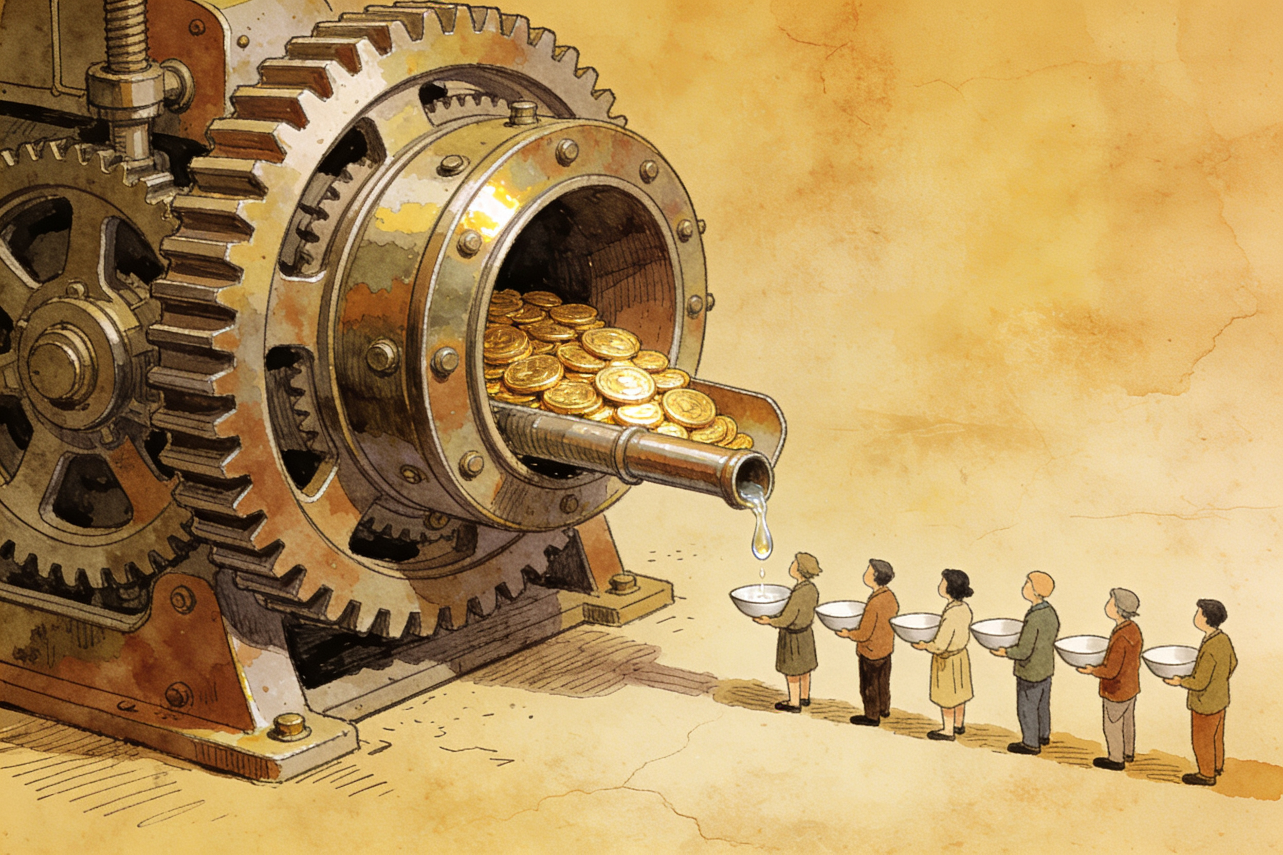 一台巨大的齿轮机器吞噬着成堆的金币，但机器末端的细小管道只滴下几滴水，一群普通小人拿着空碗在下面排队等待，羊皮纸，钢笔彩色手绘的统一风格。