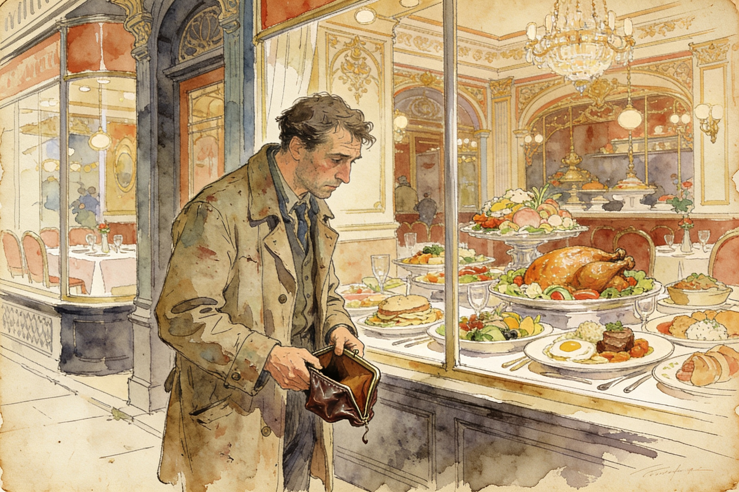 一个穿着旧风衣的男人站在华丽的餐厅橱窗外看着里面丰盛的大餐，手里拿着一个干瘪倒置的钱包，羊皮纸，钢笔彩色手绘的统一风格。