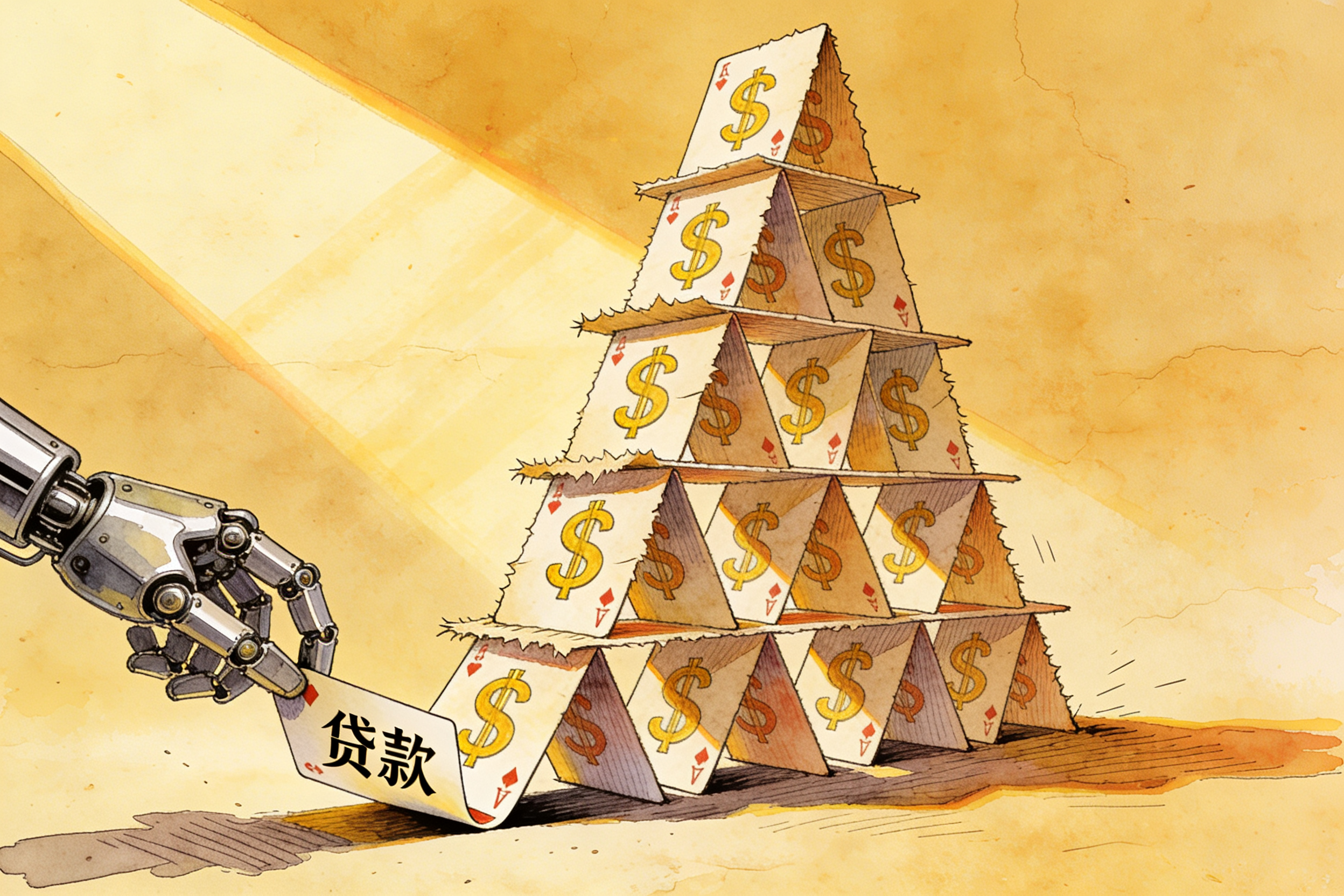 一座由印有美元符号的纸牌搭成的高塔正在摇摇欲坠，最底部一张写有“贷款”字样的纸牌正被一只机器手抽走，羊皮纸，钢笔彩色手绘的统一风格。