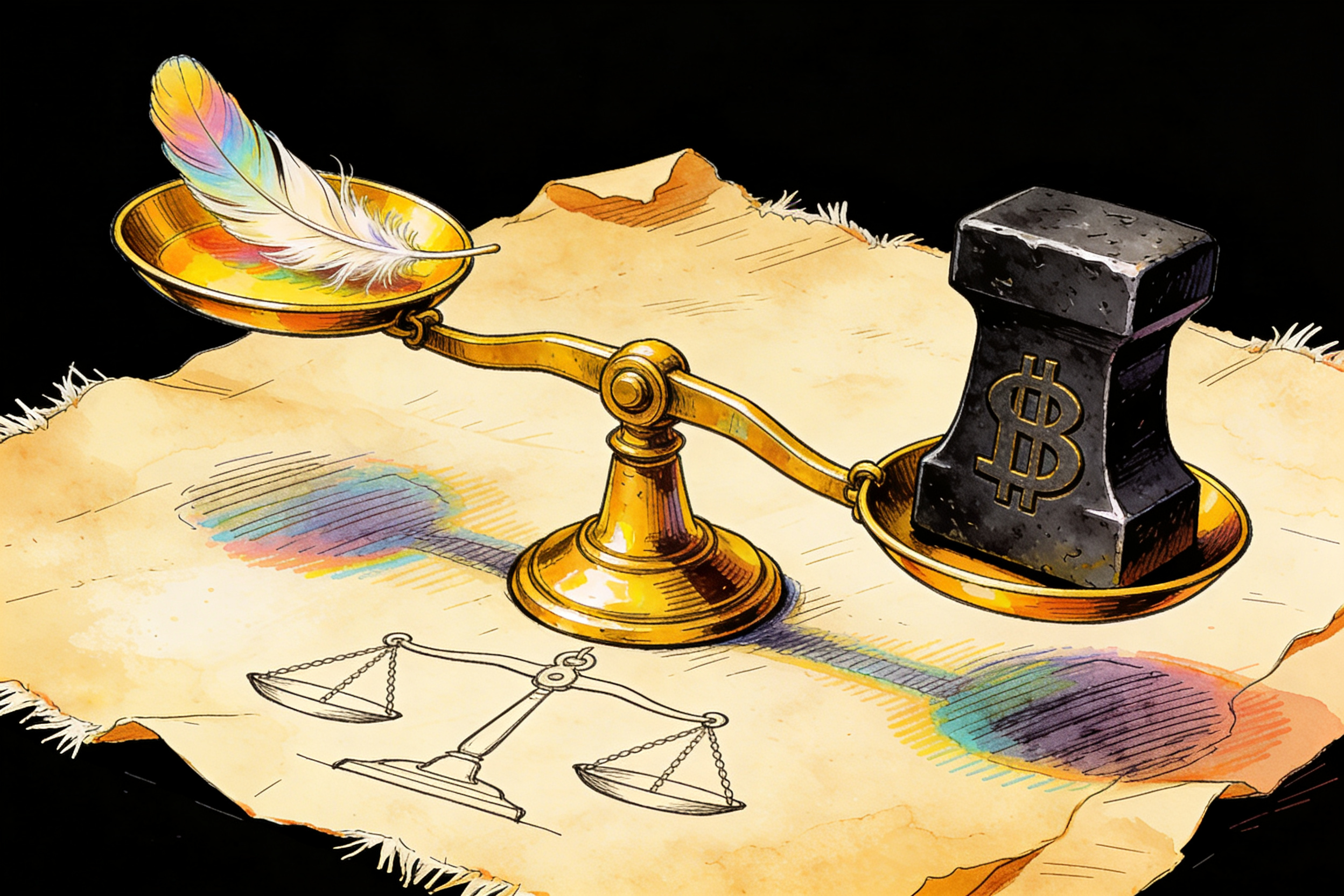 一个巨大的黄铜天平严重倾斜，下坠的一端放着沉重的黑色铁砧代表债务，翘起的一端放着一根轻飘飘的羽毛，羊皮纸，钢笔彩色手绘的统一风格。