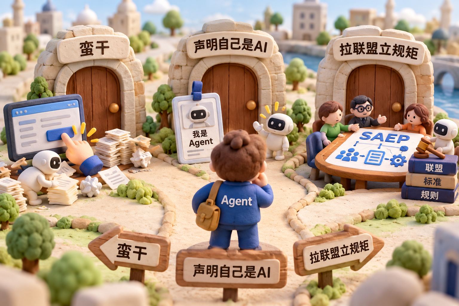 浅色微缩街景里,一位写着“Agent”的橡皮泥小人面对三扇门:第一扇旁是屏幕与点击手指,第二扇旁是写着“我是Agent”的身份牌,第三扇旁是一张写着“SAEP”的协作桌;各扇门保持未开启状态