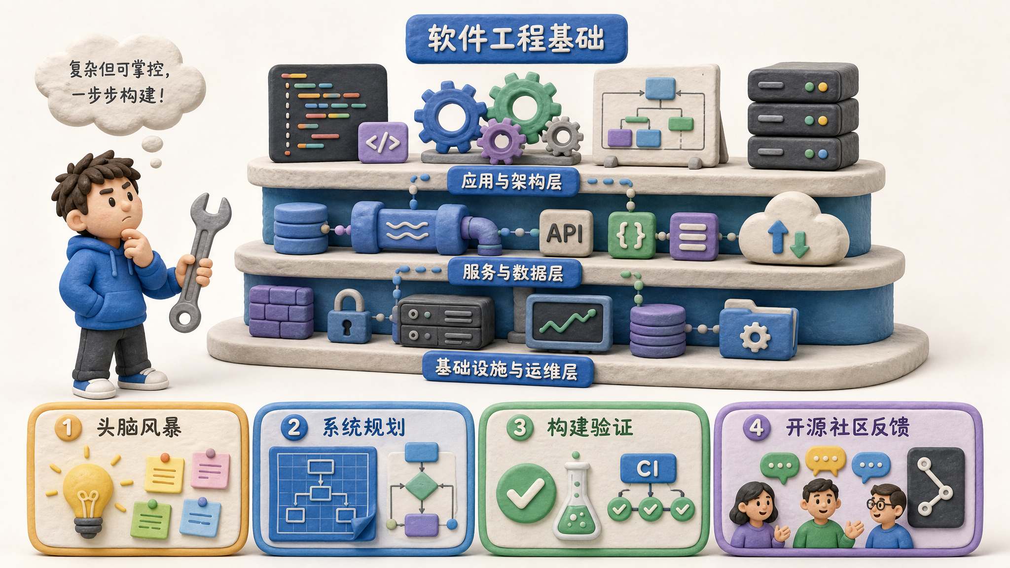 一个新手拿着扳手站在复杂的软件工程地基前,旁边有头脑风暴、系统规划、构建验证和开源社区反馈四个稳固模块,浅色背景的商业评论版橡皮泥平面信息图的统一风格。