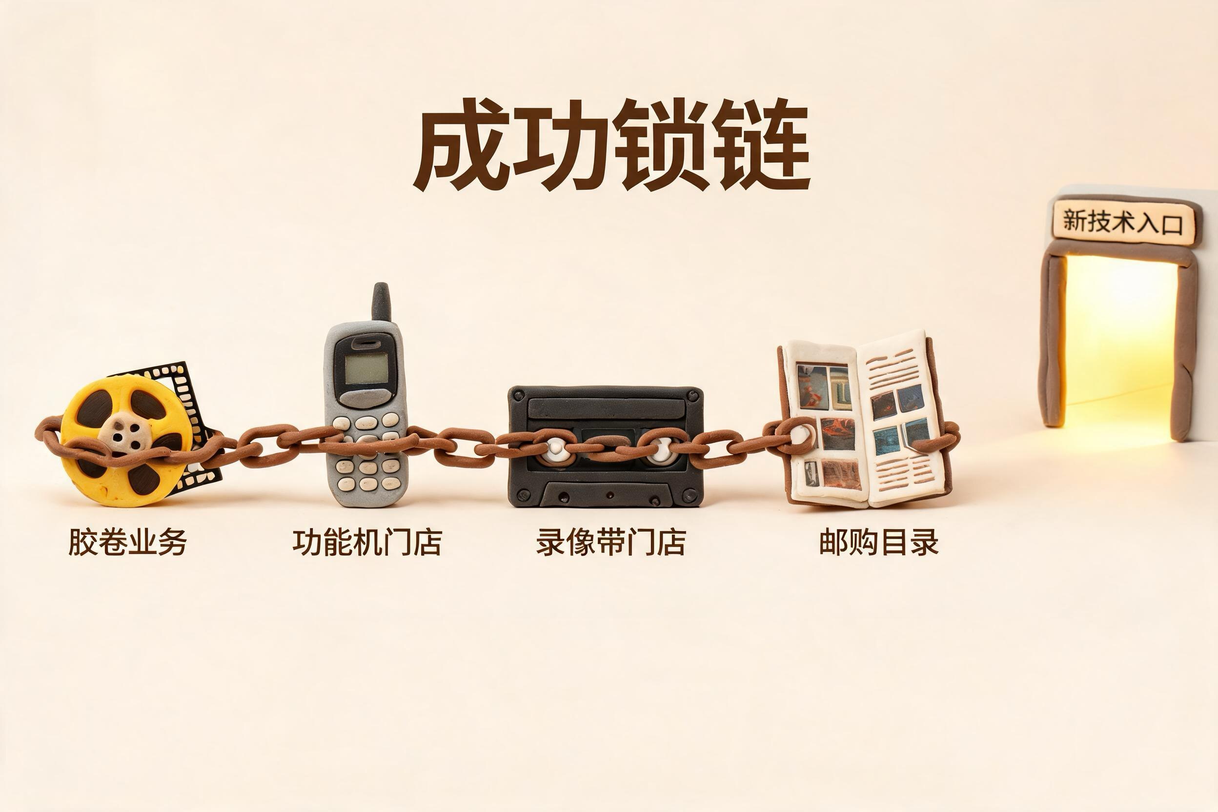 胶卷、功能机、录像带门店和邮购目录四个旧业务被同一条成功锁链绑住，远处新技术入口亮着但无人迈步，浅色背景的商业评论版橡皮泥平面信息图的统一风格。