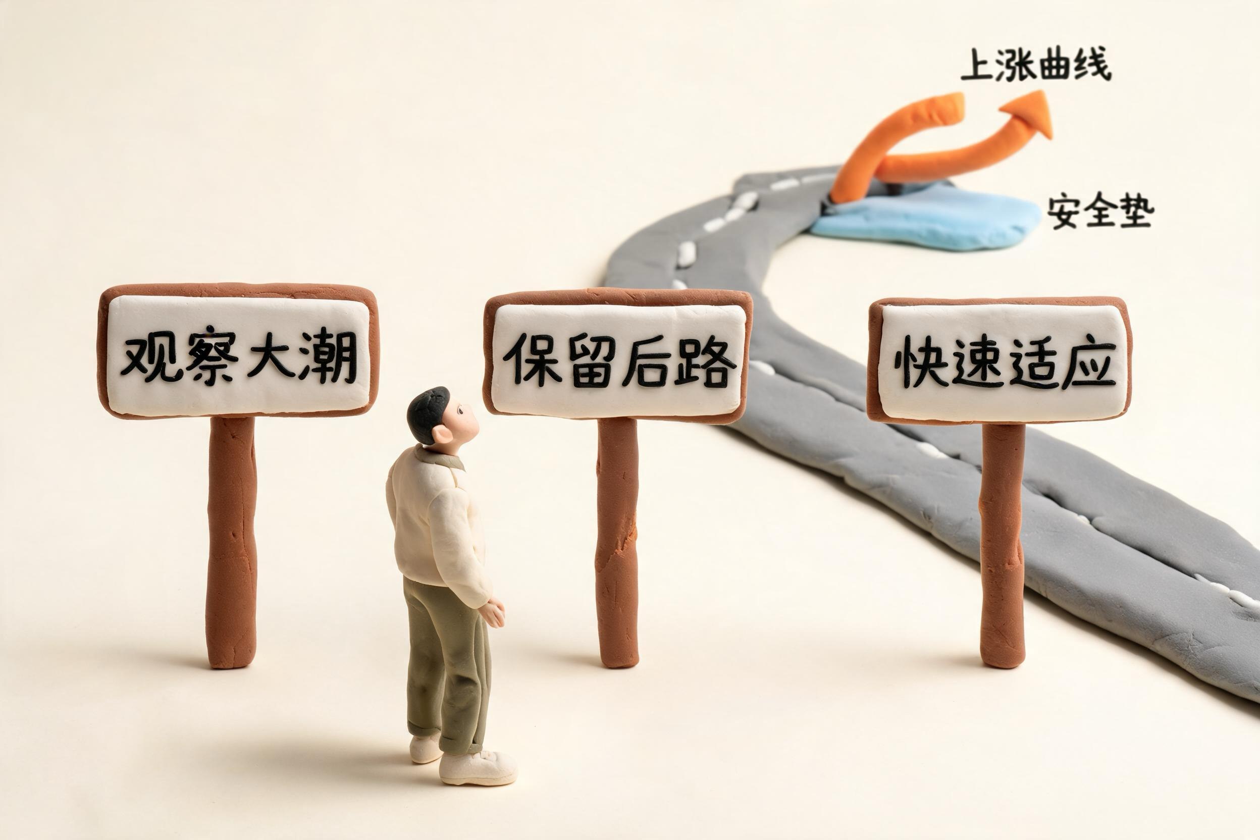 普通人站在三块路牌前查看方向，路牌分别写着观察大潮、保留后路、快速适应，远处有上涨曲线和安全垫构成的分岔路，浅色背景的商业评论版橡皮泥平面信息图的统一风格。