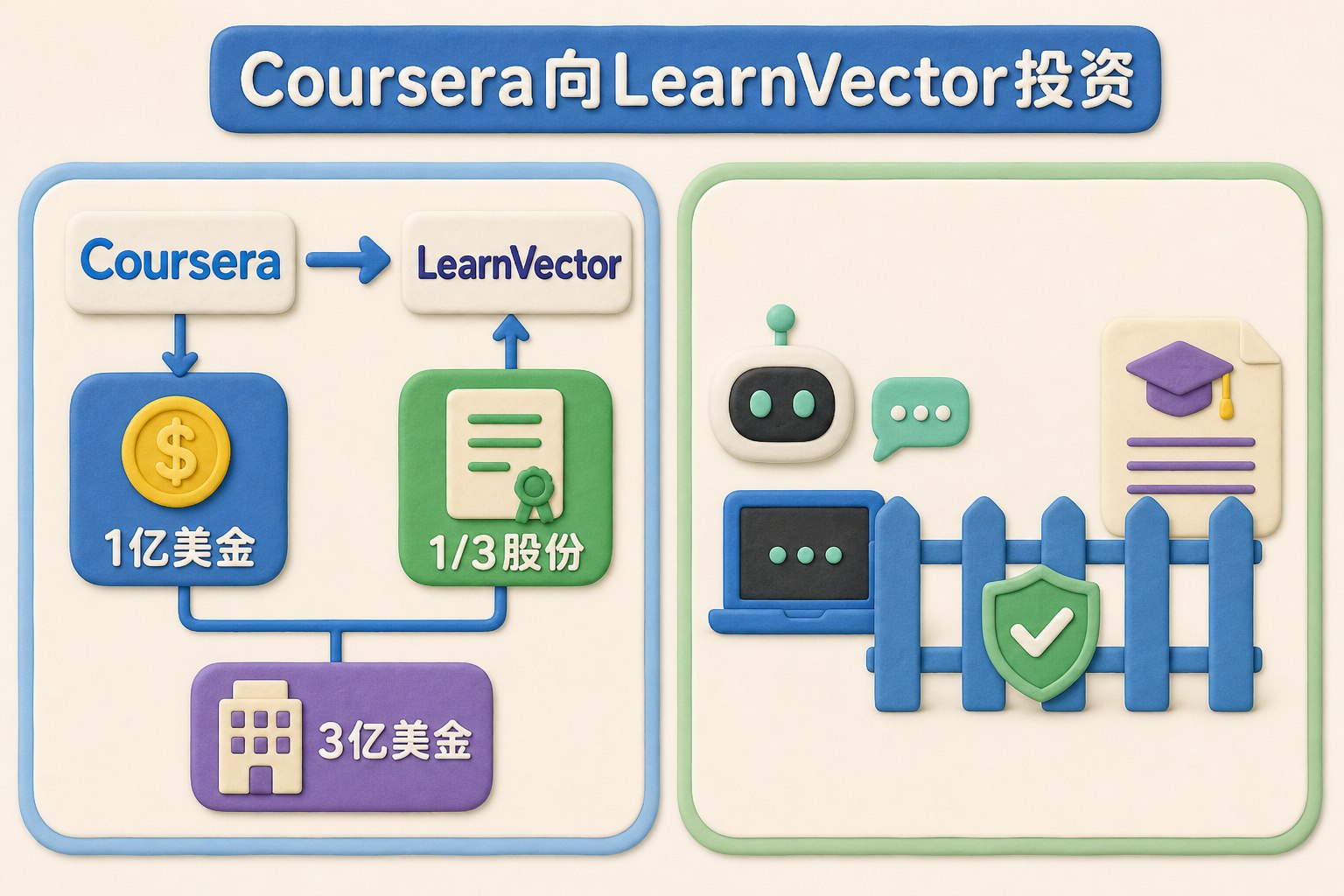 平面股权与教育护栏信息图,Coursera向LearnVector投资,一侧是资金与股份关系,另一侧是护栏拦住聊天机器人直接代做作业;可见事实元素:Coursera公司名、LearnVector公司名、1亿美金、1/3股份、3亿美金