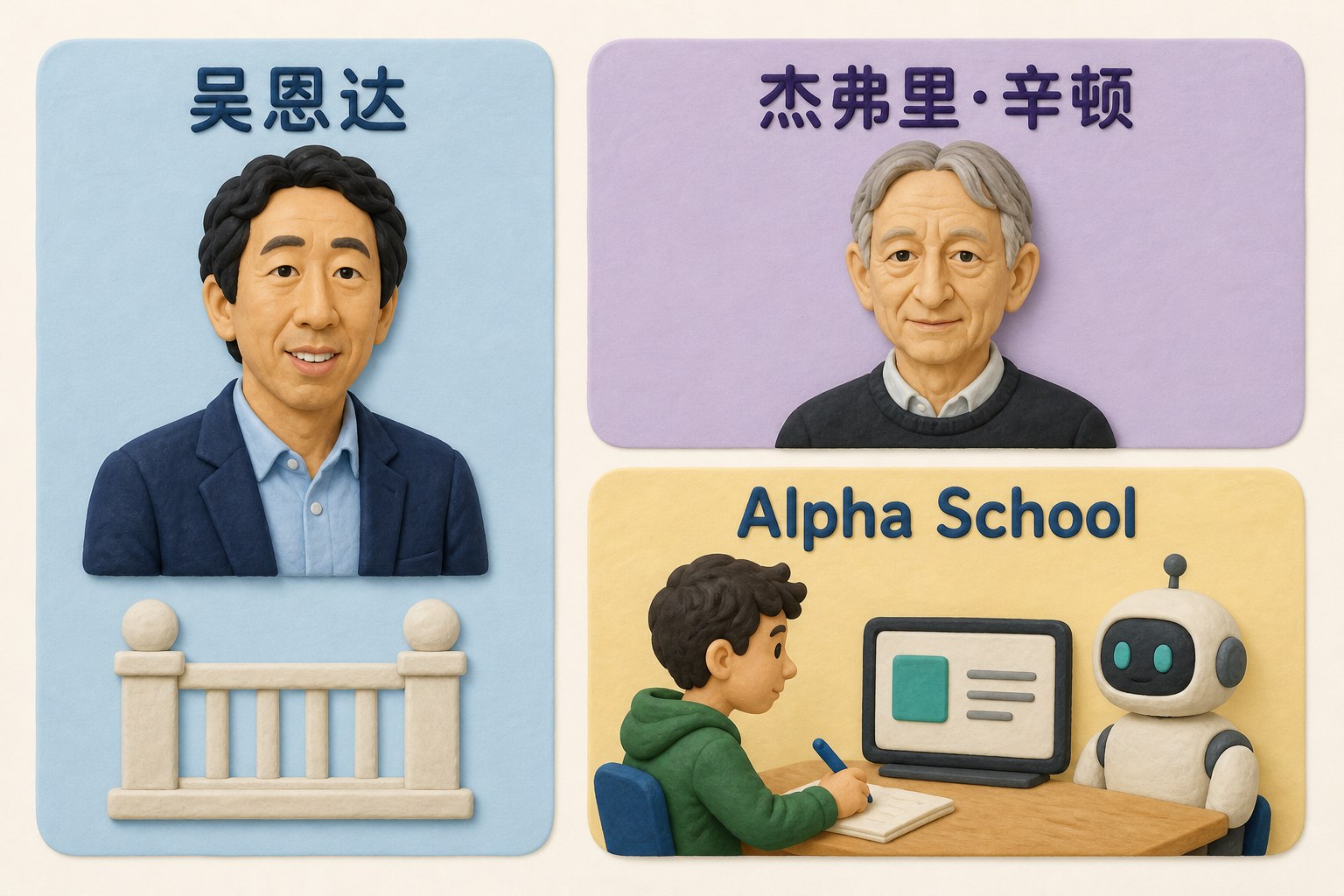 平面对照构图,左侧仅出现一次吴恩达的半身肖像与无字护栏图标;右侧上方仅出现一次杰弗里·辛顿的半身肖像,右侧下方另设独立的Alpha School学生与无品牌机器人屏幕的一对一学习场景