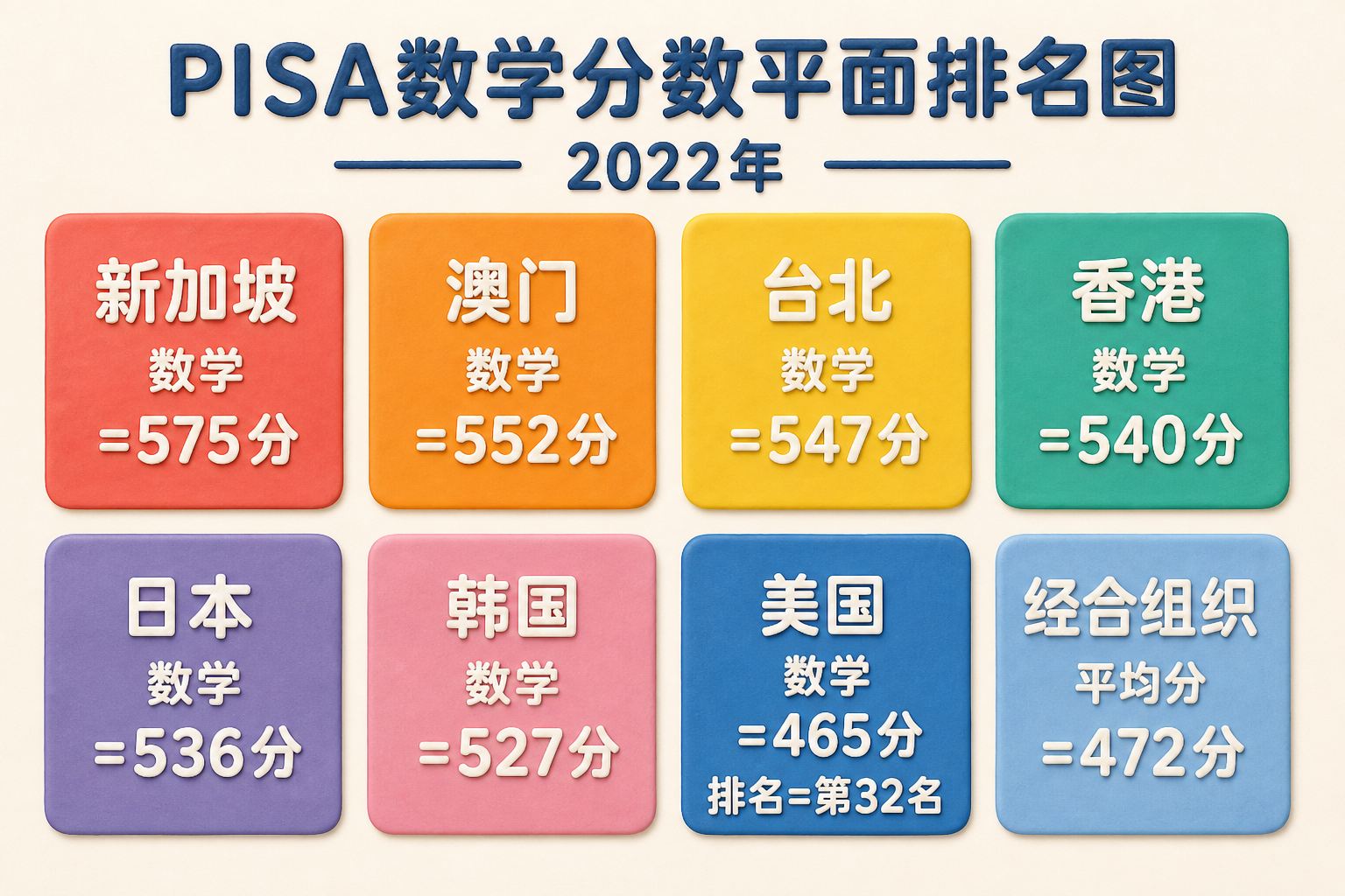 PISA数学分数平面排名图,以八个等高纯色分数卡片排列新加坡、澳门、台北、香港、日本、韩国、美国与经合组织平均分;可见事实元素:2022年、各地区名称与对应分数、美国第32名