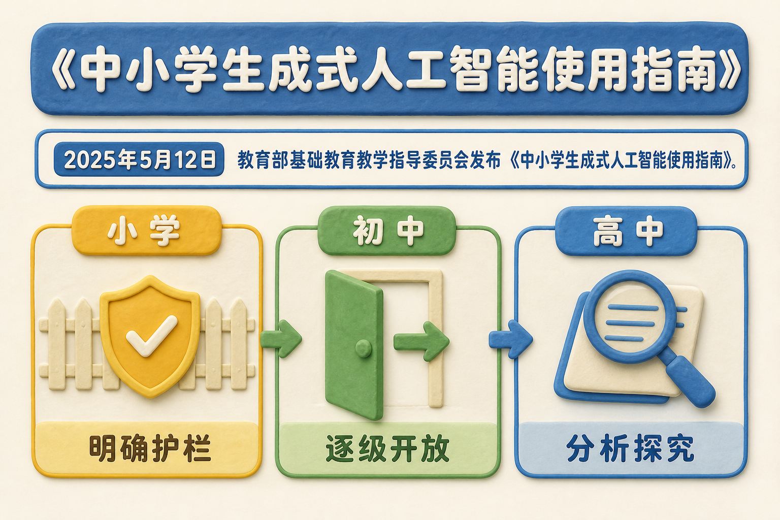 平面政策分层图,以小学、初中、高中三个并列区块呈现AI使用边界,小学区块有明确护栏,初中和高中区块展示逐级开放与分析探究;可见事实元素:“2025年5月12日”、“《中小学生成式人工智能使用指南》”、“小学”、“初中”、“高中”