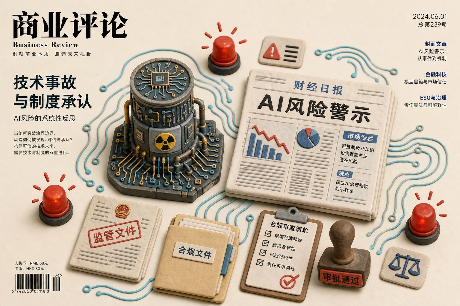 一座由芯片纹路构成的反应堆与一份写着AI风险警示的财经报纸并列放在桌面中央，周围是警报灯、监管文件和数据流线条，形成“技术事故与制度承认”主题封面构图，浅色背景的商业评论版橡皮泥平面信息图的统一风格。