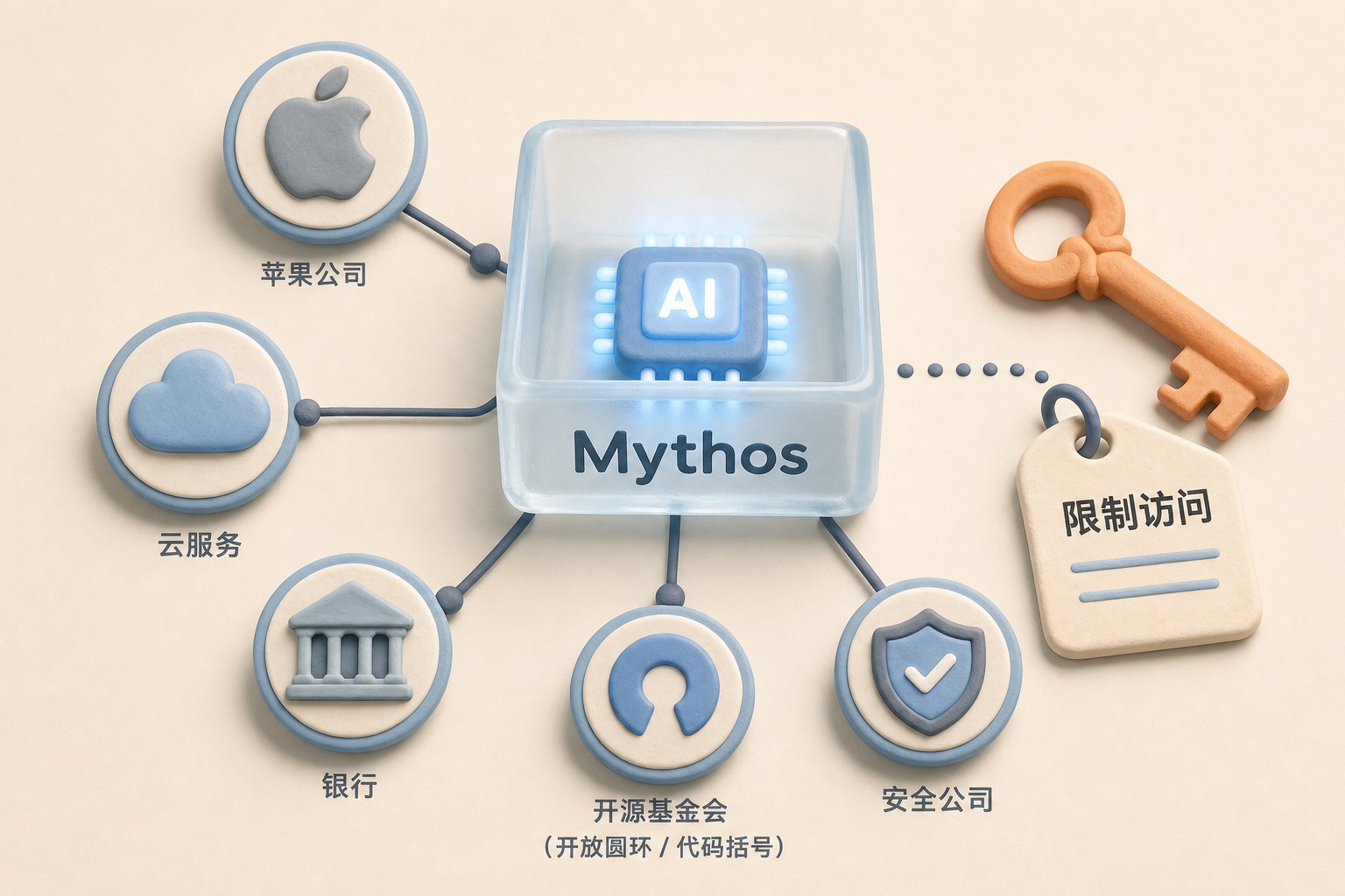 一个标注Mythos的半透明玻璃盒中放着发光AI芯片，盒外连接着苹果、云服务、银行、开源基金会和安全公司的图标节点，旁边一把钥匙显示“限制访问”，浅色背景的商业评论版橡皮泥平面信息图的统一风格。