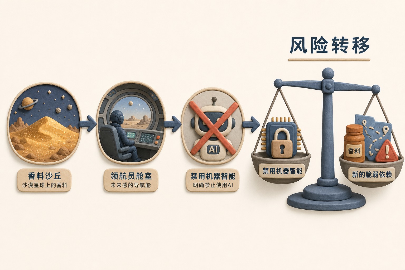 沙漠星球上的香料沙丘、领航员舱室和被打叉的AI机器人并列成因果链，箭头指向“风险转移”天平，一端是禁用机器智能，另一端是新的脆弱依赖，浅色背景的商业评论版橡皮泥平面信息图的统一风格。