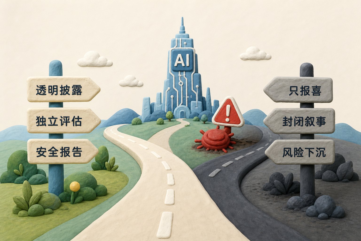 一条通往前方AI高塔的道路分成两岔，左侧路牌写着透明披露、独立评估和安全报告，右侧路牌写着只报喜、封闭叙事和风险下沉，远处高塔旁埋着红色警示地雷图标，浅色背景的商业评论版橡皮泥平面信息图的统一风格。