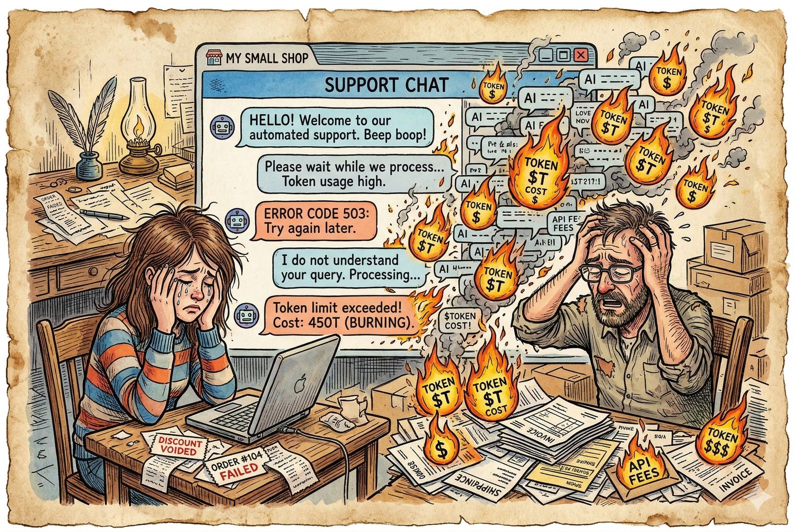 一台网站聊天窗口前，顾客与小商家分别坐在两侧神情崩溃，屏幕中的AI客服气泡不断冒出，旁边堆着订单、折扣券和燃烧的Token符号，羊皮纸，钢笔彩色手绘的统一风格。