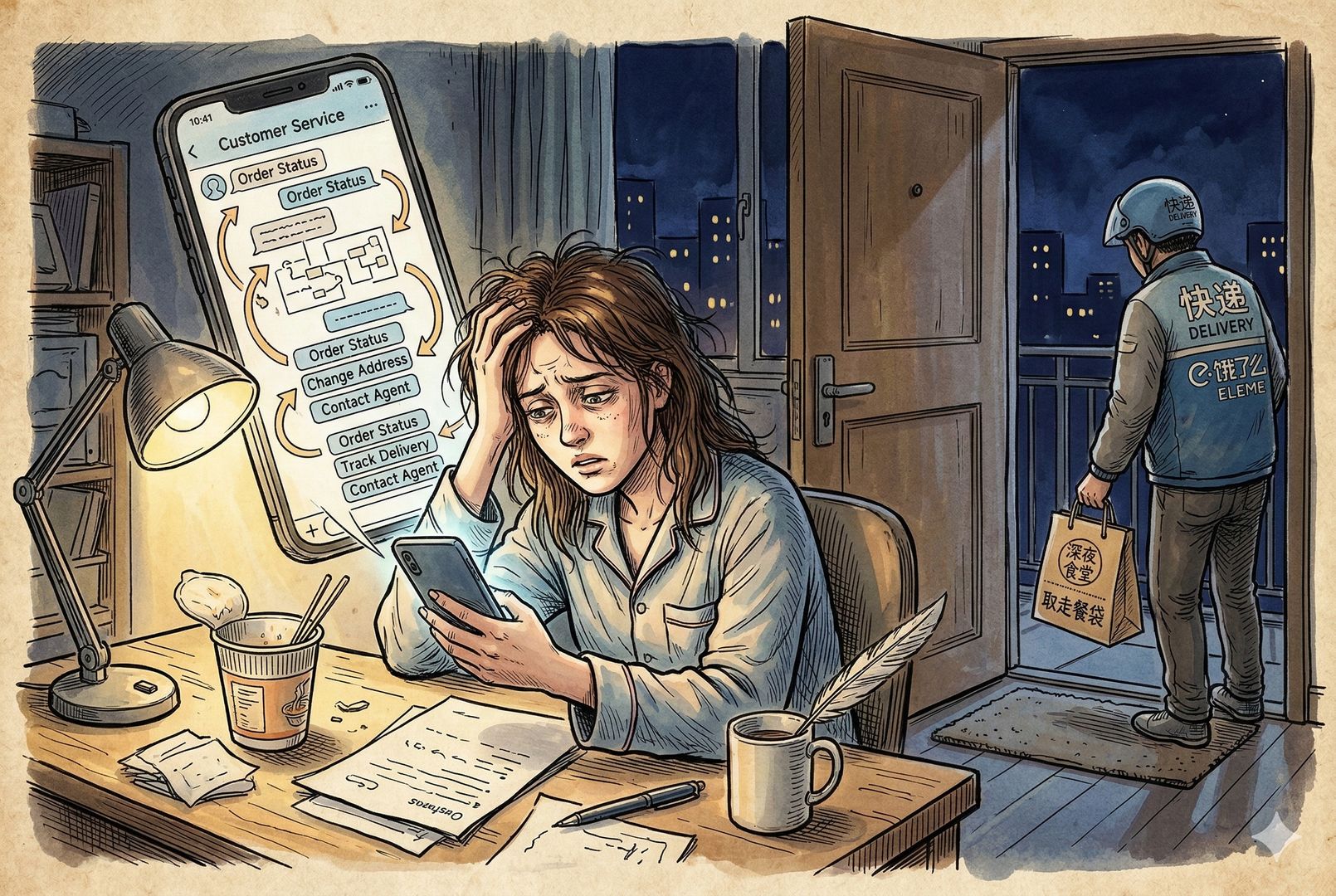一位顾客深夜盯着手机上的客服对话框，屏幕里重复出现相同选项和循环箭头，外卖员在门外取走餐袋，顾客神情无奈，羊皮纸，钢笔彩色手绘的统一风格。