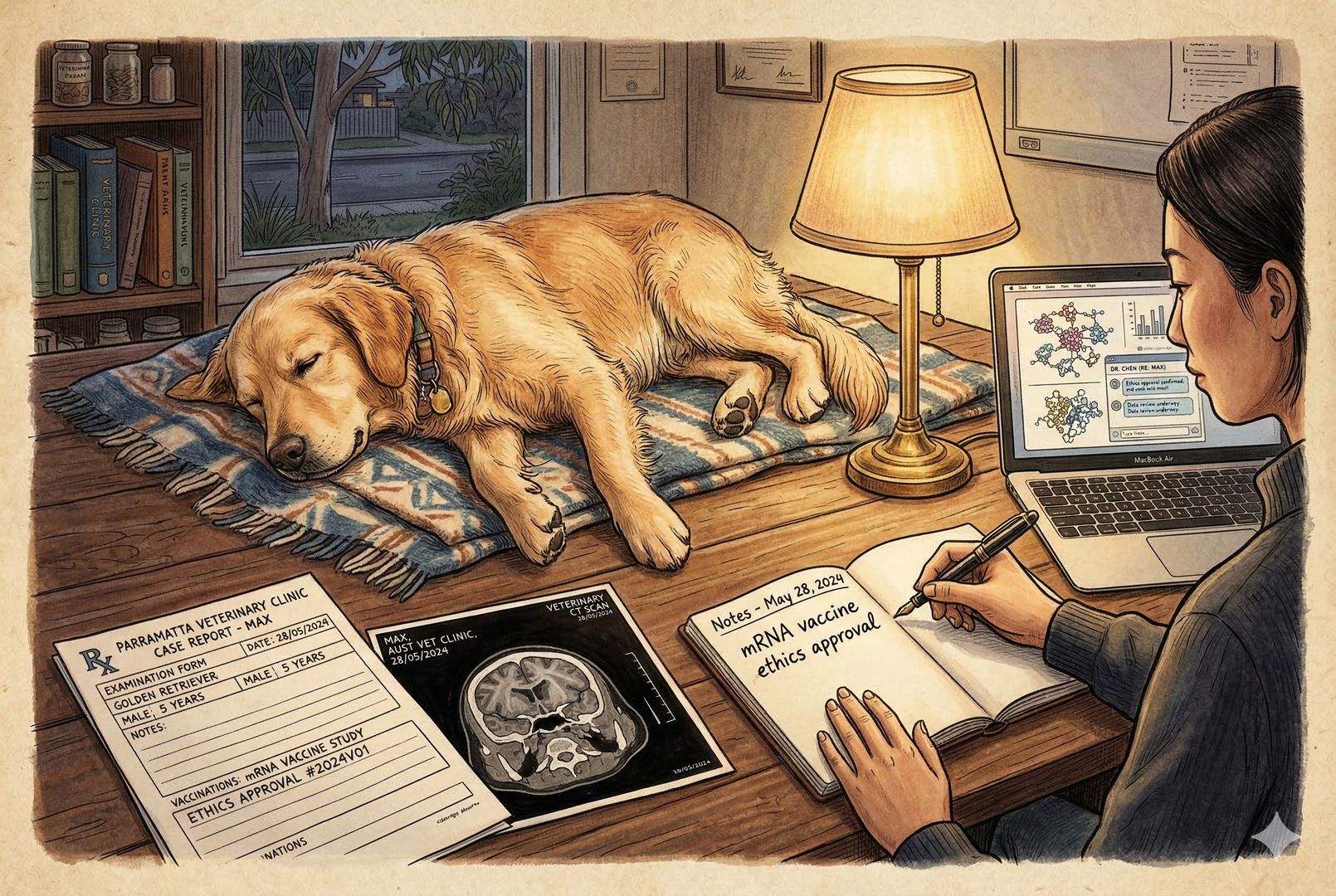 深色木桌上的一张澳大利亚兽医诊所检查单与CT片旁，金毛或拉布拉多侧卧在毯子上，主人手握笔在笔记本写“mRNA vaccine / ethics approval”，一台打开的笔记本电脑屏幕隐约显示蛋白质结构网格与聊天窗口，台灯暖光投下阴影，羊皮纸，钢笔彩色手绘的统一风格。