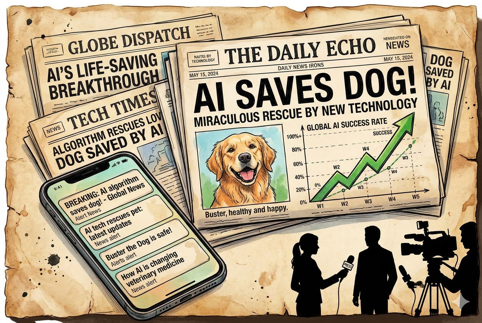 多张报纸头版与手机新闻推送叠放在一起，标题醒目写着“AI saves dog”，旁边是一张狗的照片与一个夸张上扬的胜利折线图；画面一角有话筒与摄像机镜头对准受访者的剪影，羊皮纸，钢笔彩色手绘的统一风格。