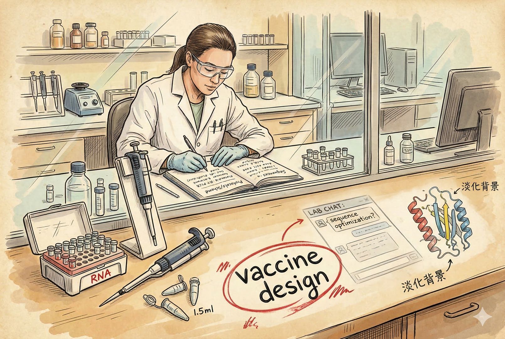 实验室操作台上摆着标注“RNA”的小试管架、移液枪与离心管，背景玻璃后是穿实验服的研究员在记录本上写序列与方案；前景用红笔圈出“vaccine design”而旁边的聊天窗口与蛋白结构图被淡化成背景，羊皮纸，钢笔彩色手绘的统一风格。