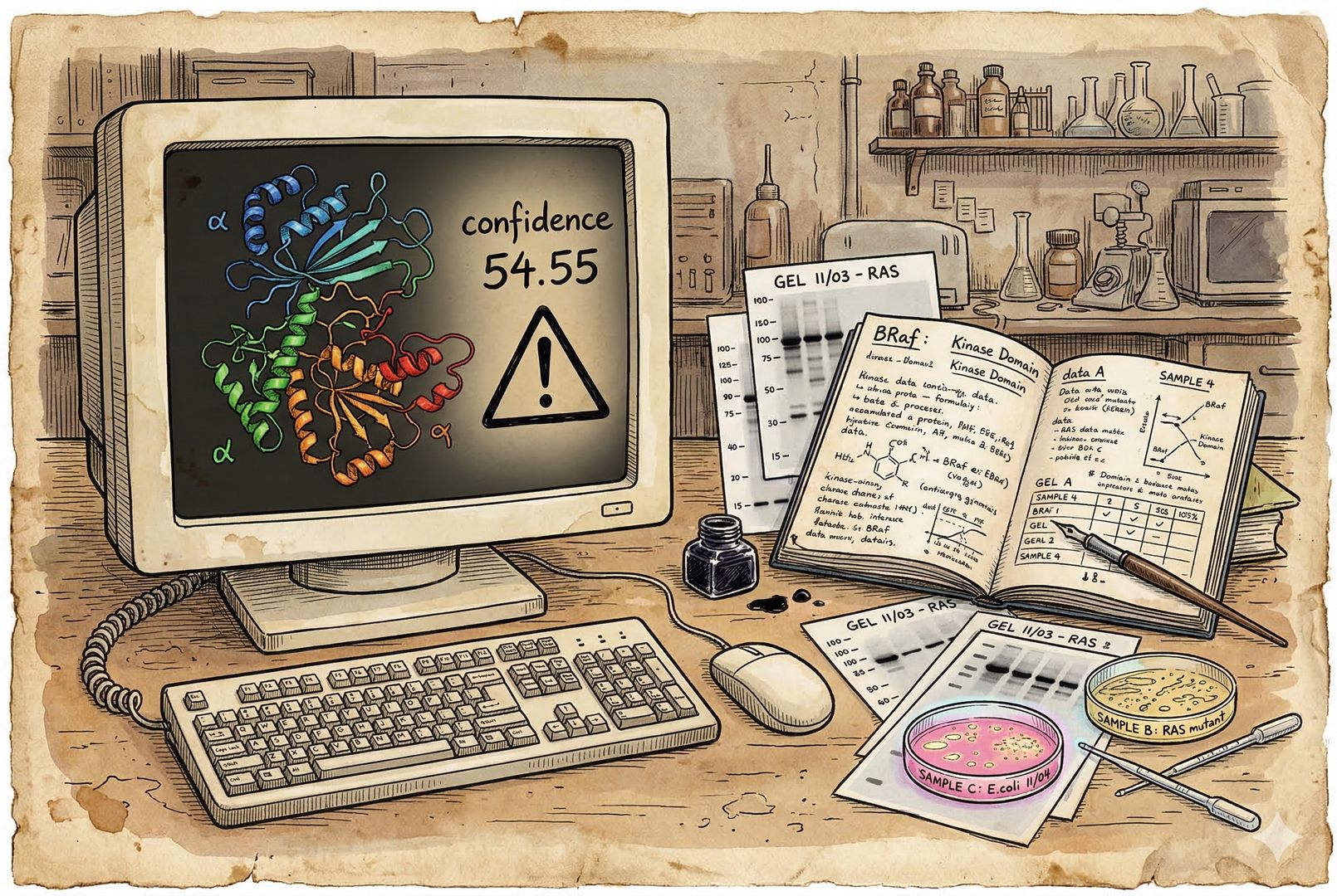 一张电脑屏幕上显示蛋白质结构彩色丝带模型，旁边用手写标注“confidence 54.55”并画了警示三角；桌面散落着实验记录本、凝胶电泳照片与培养皿，形成“模型—实验”之间的明显距离感，羊皮纸，钢笔彩色手绘的统一风格。