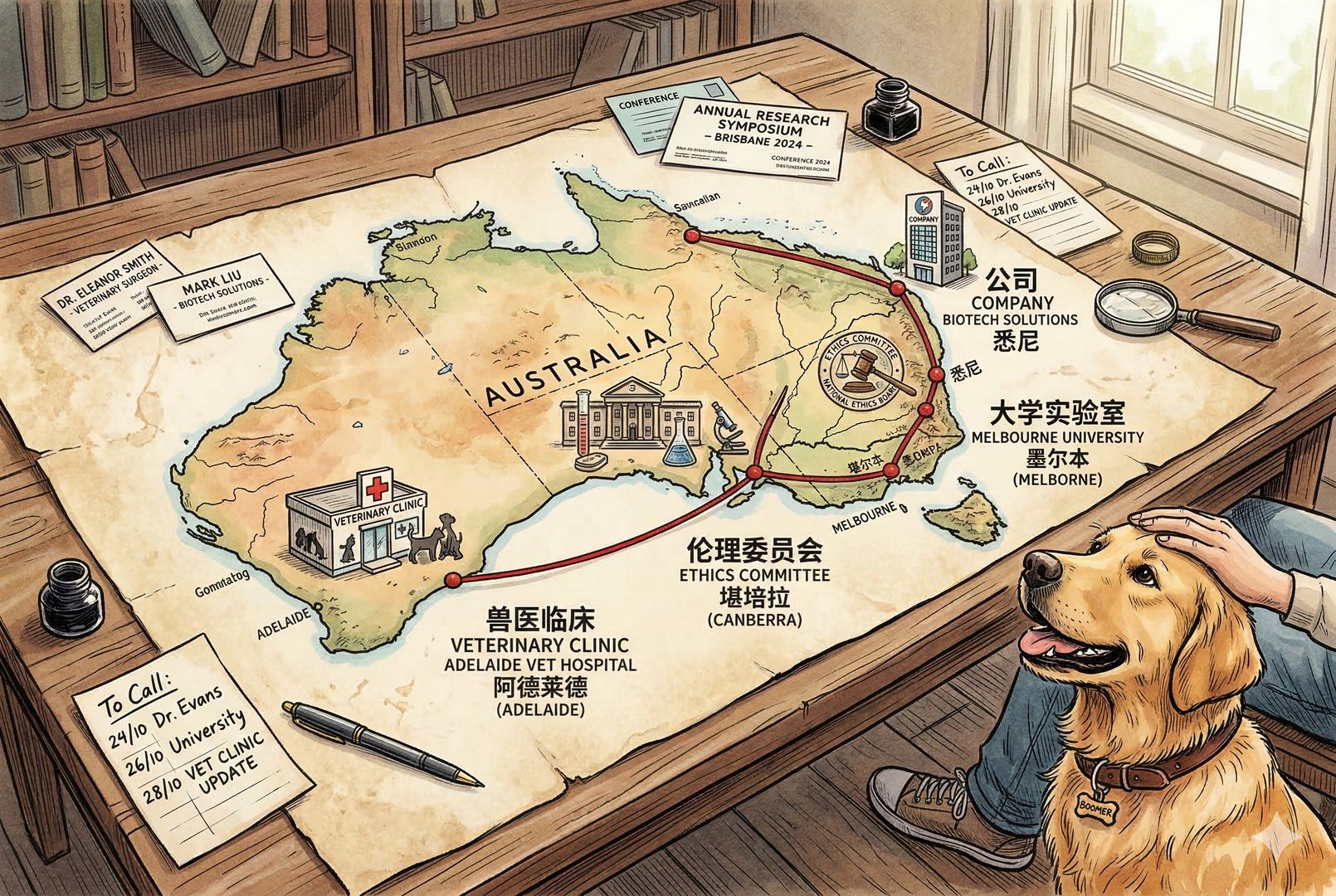 一张铺开的澳大利亚地图上用红线串起“公司—大学实验室—伦理委员会—兽医临床”多个节点，周围散落名片、会议邀请函、电话记录清单；画面右下角是一只戴着项圈的狗抬头望向主人，羊皮纸，钢笔彩色手绘的统一风格。