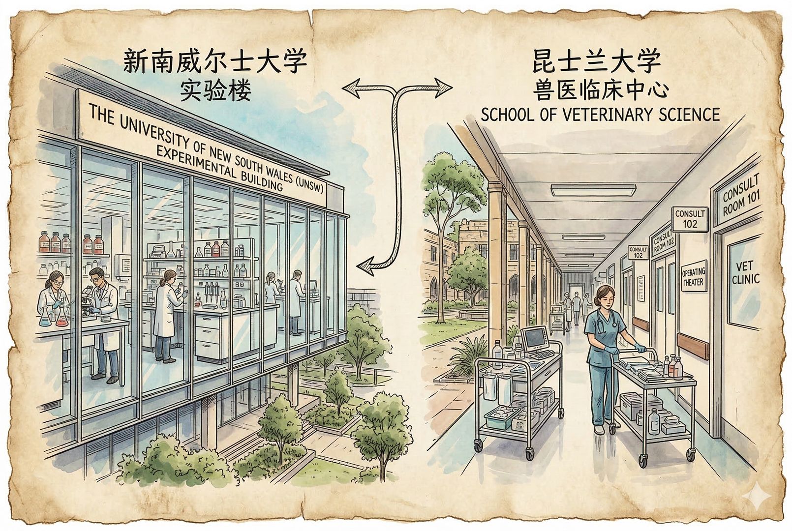 两所大学建筑外观的对比式构图：左侧标注“新南威尔士大学”的实验楼玻璃幕墙内可见实验台与试剂架，右侧标注“昆士兰大学”的兽医临床走廊里有推车与诊室门牌；中间用箭头连接，羊皮纸，钢笔彩色手绘的统一风格。