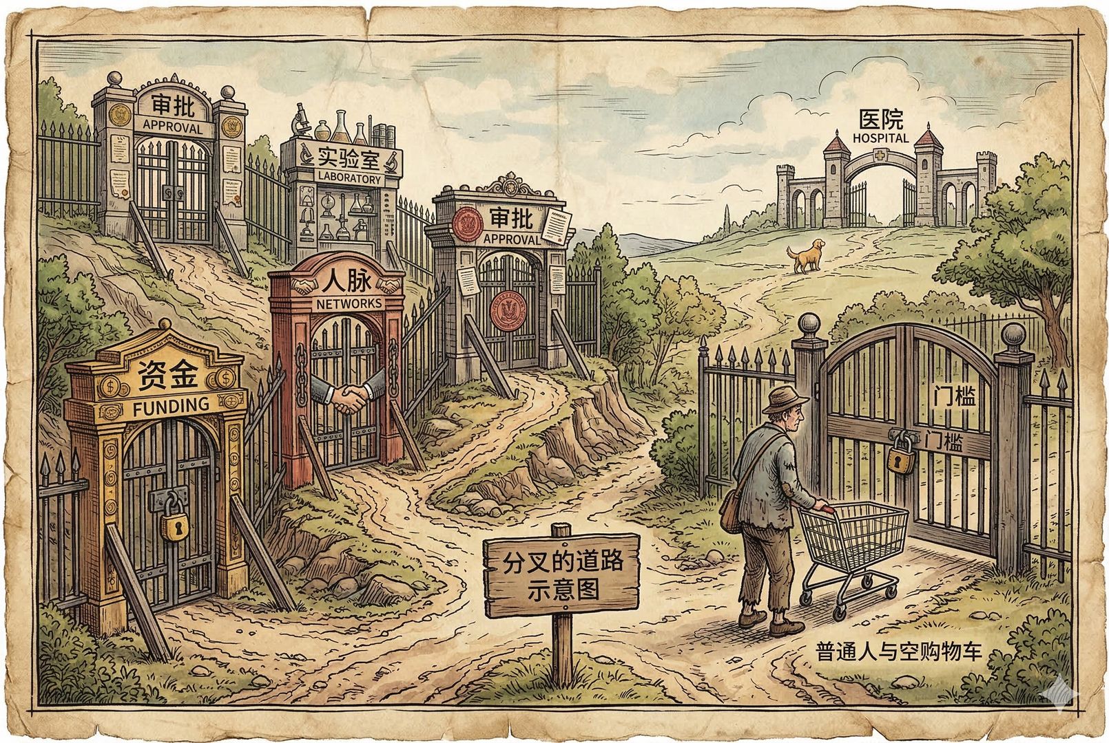 一张分叉的道路示意：左侧道路有“资金、人脉、实验室、审批”四座高门槛关卡与栅栏，右侧是一位普通人推着空购物车被挡在门外；远处隐约可见一只狗与医院大门，羊皮纸，钢笔彩色手绘的统一风格。
