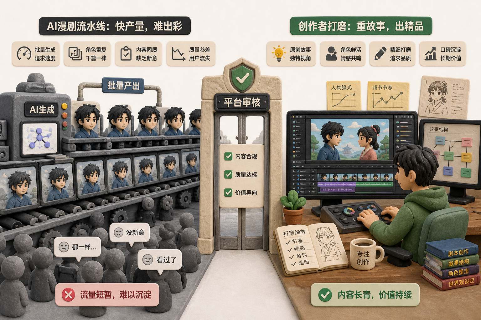 分屏构图,一侧是拥挤的AI漫剧流水线与重复角色,另一侧是创作者在剪辑台前亲自打磨故事,中间由平台审核闸门分隔,浅色背景的商业评论版橡皮泥平面信息图的统一风格。