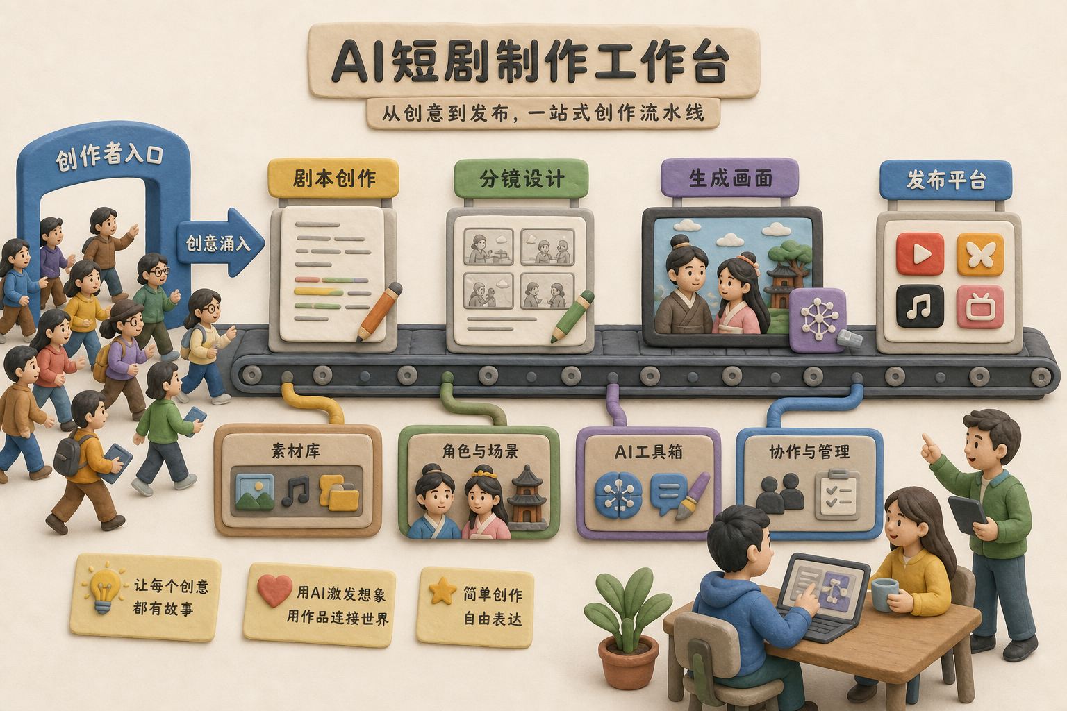 AI短剧制作工作台上,剧本、分镜、生成画面和发布平台沿流水线排列,许多创作者从入口涌入,浅色背景的商业评论版橡皮泥平面信息图的统一风格。
