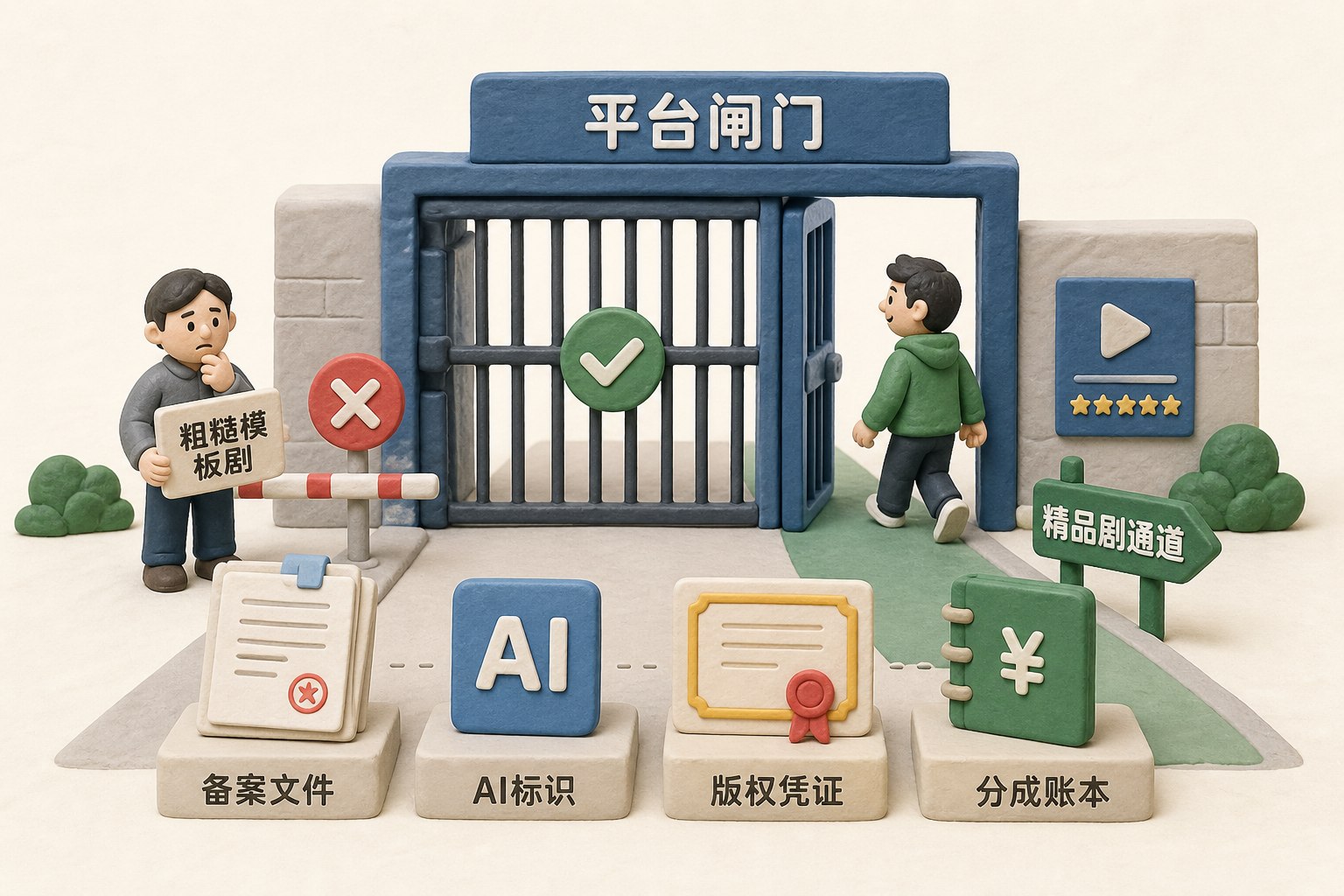 平台闸门前依次摆放备案文件、AI标识、版权凭证和分成账本,粗糙模板剧被挡在门外,精品剧进入通道,浅色背景的商业评论版橡皮泥平面信息图的统一风格。