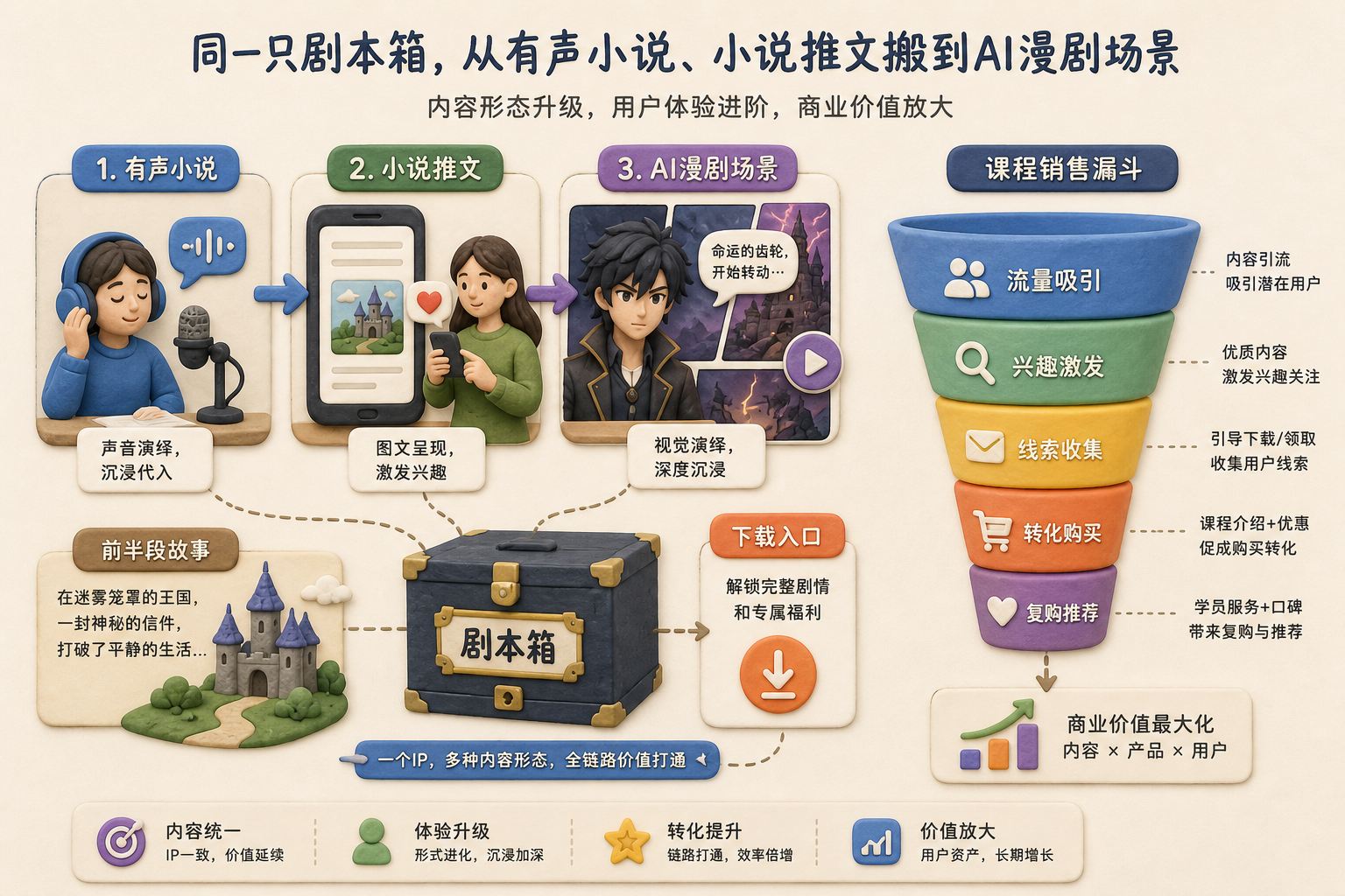 同一只剧本箱从有声小说、小说推文搬到AI漫剧场景,前半段故事连接下载入口,旁边摆着课程销售漏斗,浅色背景的商业评论版橡皮泥平面信息图的统一风格。