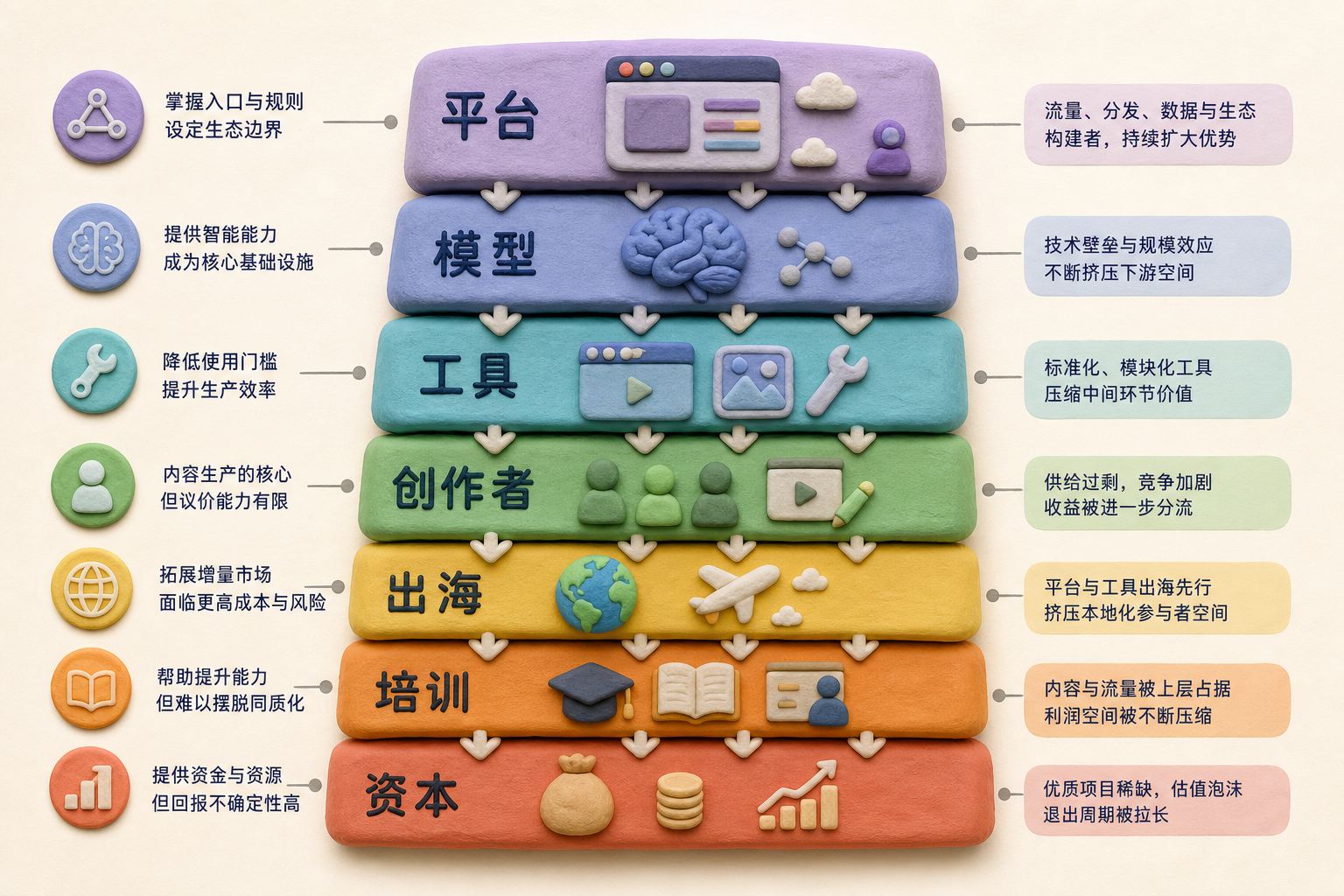 七层纵向产业链从平台、模型、工具延伸到创作者、出海、培训与资本,每一层都在挤压下一层,画面不显示具体数字,浅色背景的商业评论版橡皮泥平面信息图的统一风格。