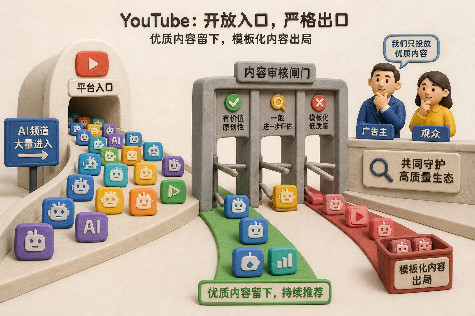 YouTube平台入口敞开吸引大量AI频道进入,出口处审核闸门筛除模板化内容,广告主和观众站在闸门后观察,浅色背景的商业评论版橡皮泥平面信息图的统一风格。