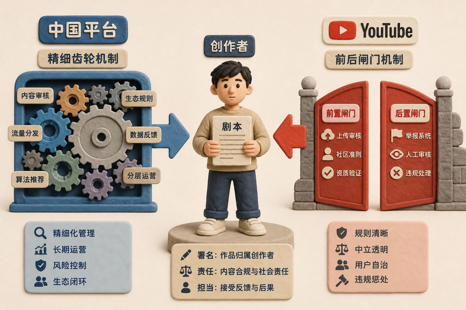 中国平台的精细齿轮与YouTube的前后闸门分别从两侧指向中央创作者,中央人物手持剧本并承担署名与责任,浅色背景的商业评论版橡皮泥平面信息图的统一风格。