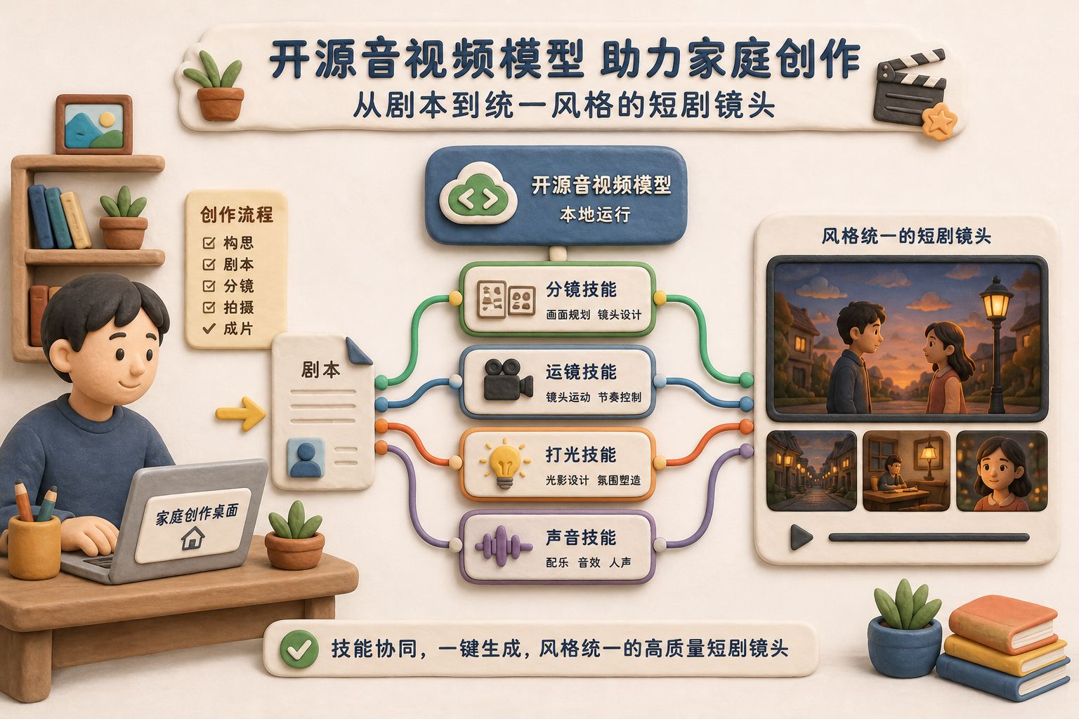 家庭创作桌面上运行开源音视频模型,创作者把剧本连接到分镜、运镜、打光和声音技能模块,最终生成风格统一的短剧镜头,画面不显示参数数字,浅色背景的商业评论版橡皮泥平面信息图的统一风格。