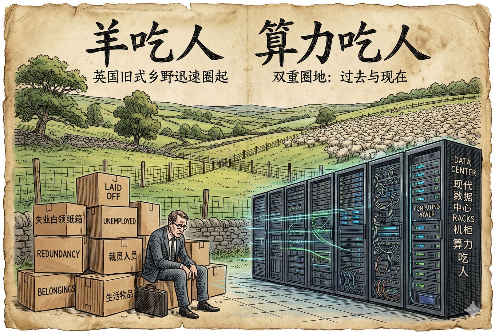 一片英国旧式乡野被木桩和栅栏迅速圈起，远处羊群占满草地，前景是现代数据中心机柜与失业白领纸箱叠影交错，形成“羊吃人”与“算力吃人”的并置封面画面，羊皮纸，钢笔彩色手绘的统一风格。