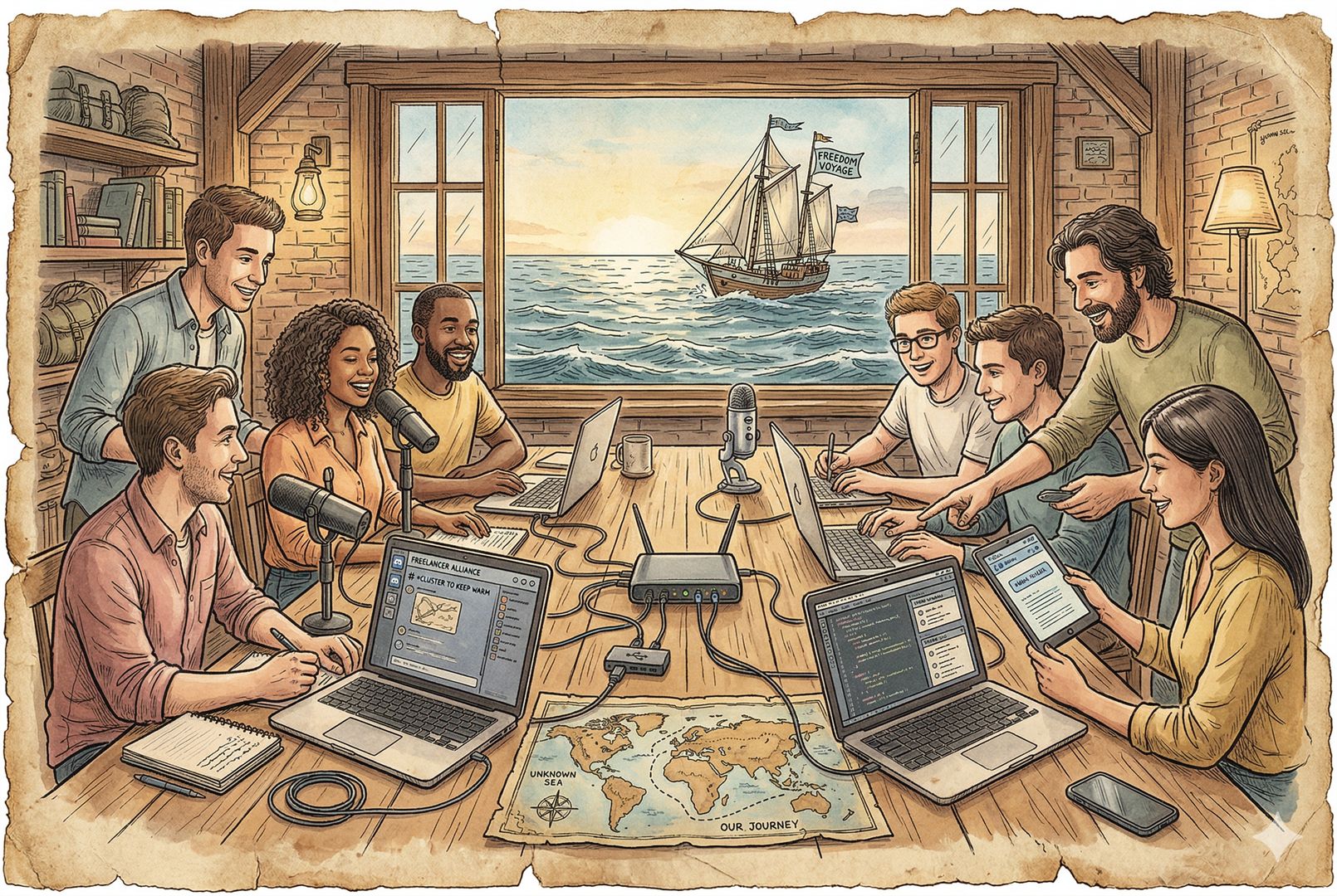 一群内容创作者、程序员与自由职业者围坐在长桌旁互相分享设备和链接，桌上有麦克风、笔记本、Discord界面和地图，窗外是一艘正驶向未知海面的船，象征抱团取暖一起出发，羊皮纸，钢笔彩色手绘的统一风格。