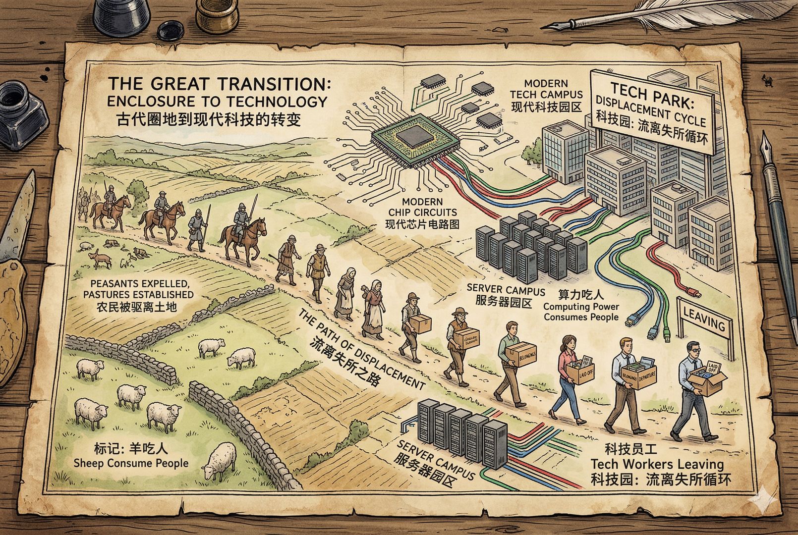 俯视视角下，古代圈地地图与现代芯片、电缆、服务器园区重叠在一张桌面上，几名被赶离土地的农民身影渐渐变成抱着纸箱离开办公楼的科技员工，羊皮纸，钢笔彩色手绘的统一风格。
