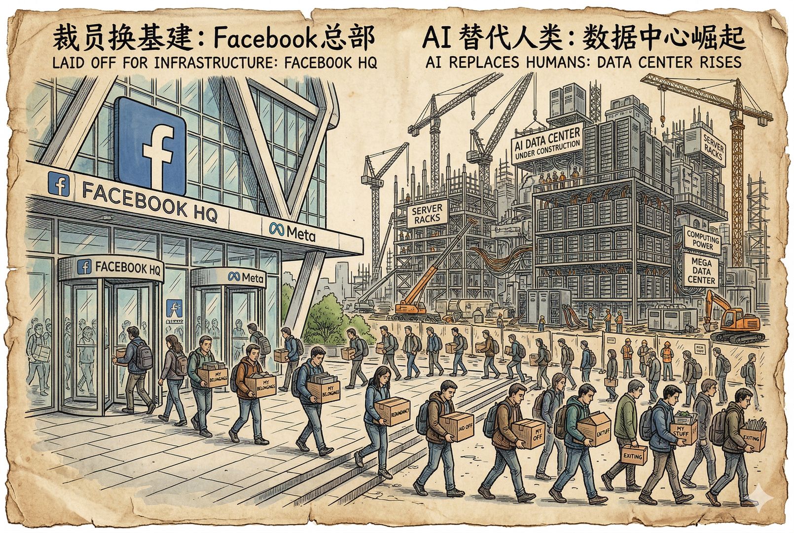 一座印着社交平台标志的现代总部大楼前，成排员工抱着纸箱走出旋转门，背景是正在拔地而起的巨型AI数据中心和堆叠服务器机房，形成“裁员换基建”的强烈对照，羊皮纸，钢笔彩色手绘的统一风格。
