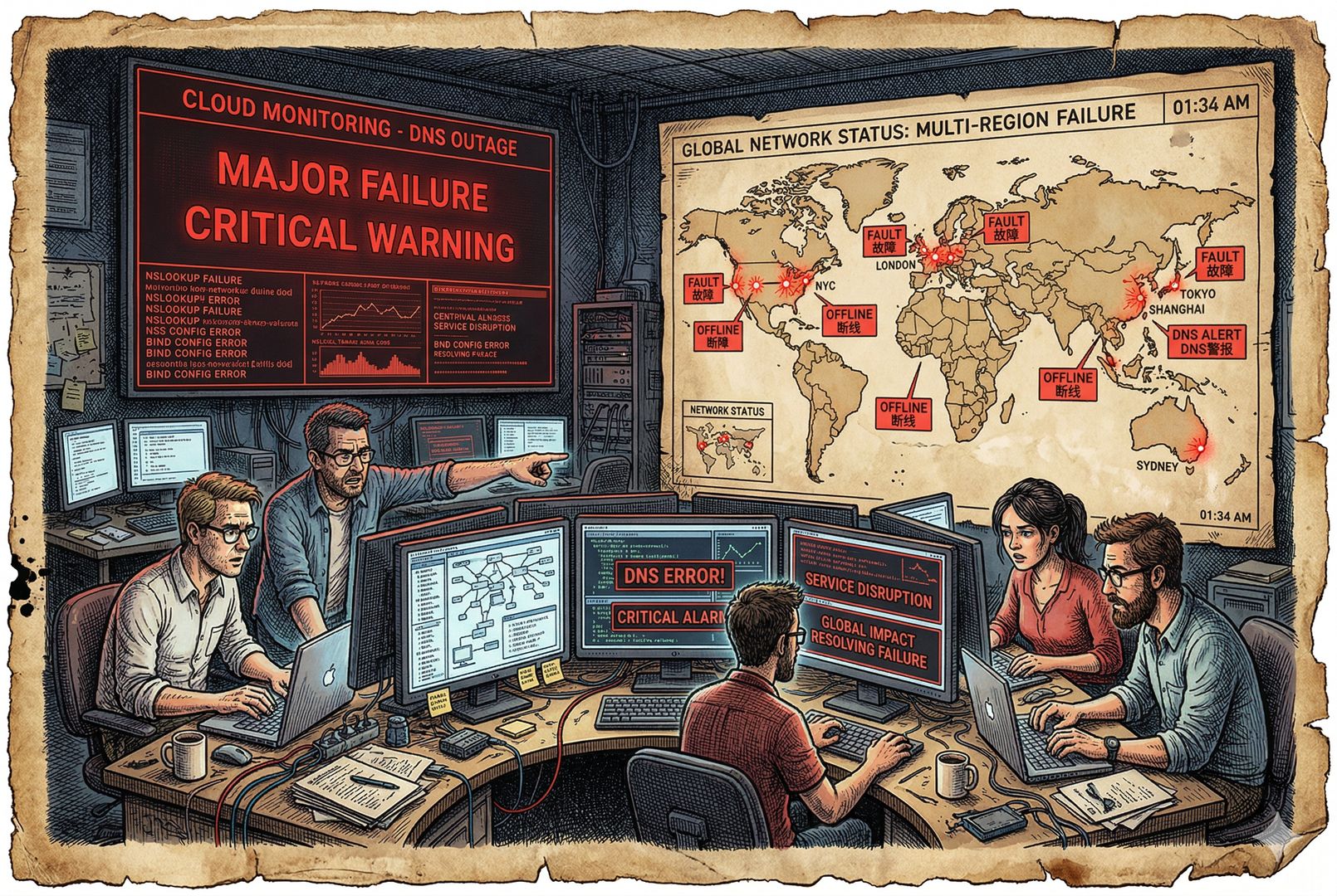 昏暗的云计算运维中心里，监控大屏一片红色告警，工程师深夜围在终端前排查DNS错误，墙上世界地图上多国节点同时闪烁故障标记，羊皮纸，钢笔彩色手绘的统一风格。
