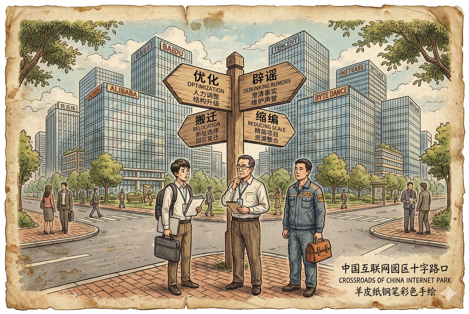 中国互联网园区的玻璃办公楼群之间，几家不同公司标牌若隐若现，年轻新人、资深员工、外包人员站在分叉路口上，路牌分别指向“优化”“辟谣”“搬迁”“缩编”，羊皮纸，钢笔彩色手绘的统一风格。