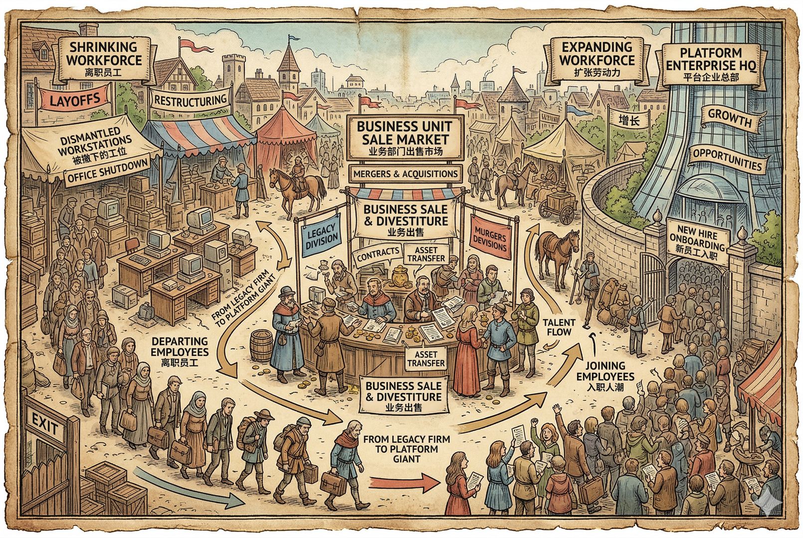 一张公司人员流向示意图被画成繁忙集市风格，一侧是不断缩小的人群队列和被撤下的工位，另一侧是扩张的平台企业高楼前排队入职的人潮，中间还有业务出售的交易桌，羊皮纸，钢笔彩色手绘的统一风格。