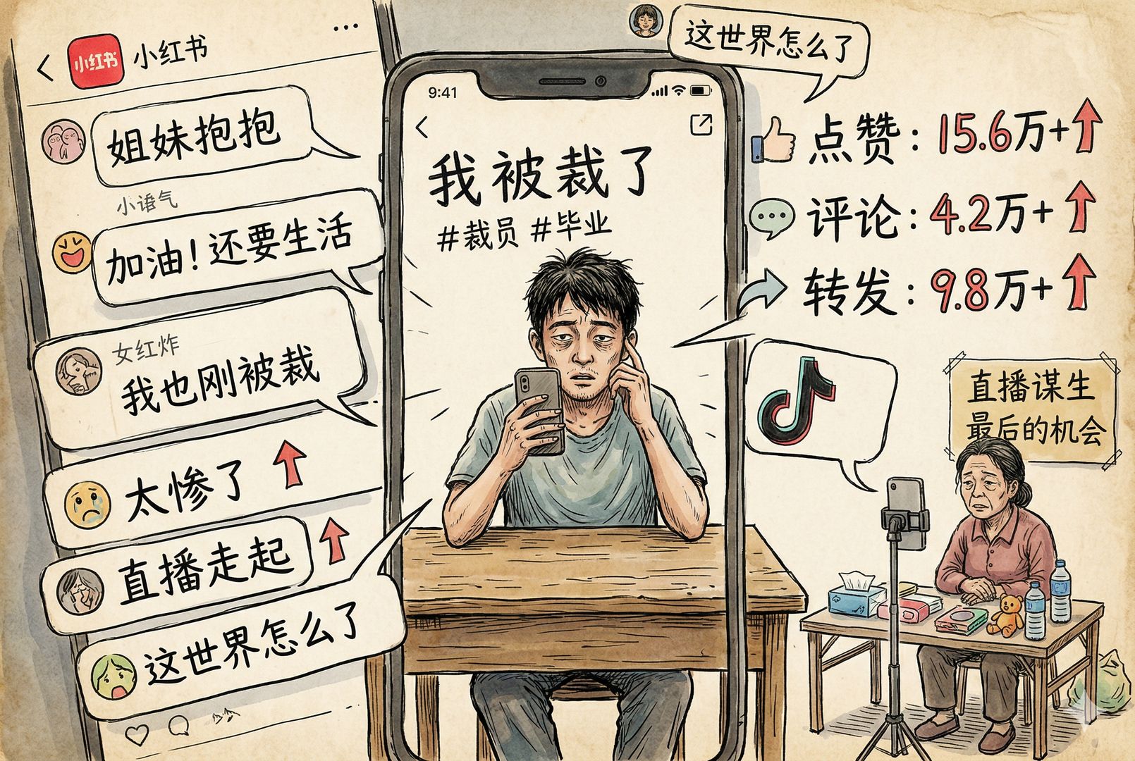 多屏社交媒体界面铺满画面，镜头前有人录制“我被裁了”的短视频，旁边是小红书、抖音风格的评论气泡和暴涨的互动数字，另一角落里有人在简陋桌前开直播谋生，羊皮纸，钢笔彩色手绘的统一风格。