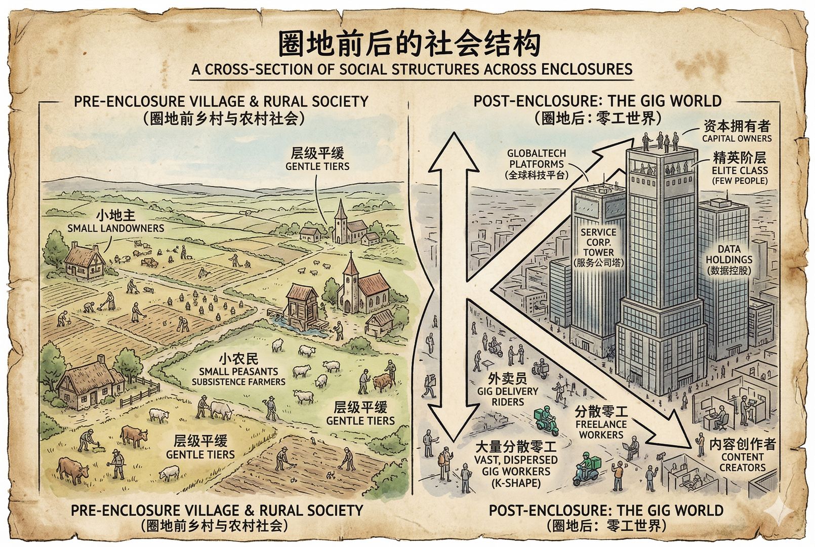 一幅社会结构剖面图，左边是圈地前层次平缓的乡村与小地主、小农民，右边骤然变成少数高耸平台塔楼与大量分散零工、外卖员、内容创作者的K型分叉世界，羊皮纸，钢笔彩色手绘的统一风格。