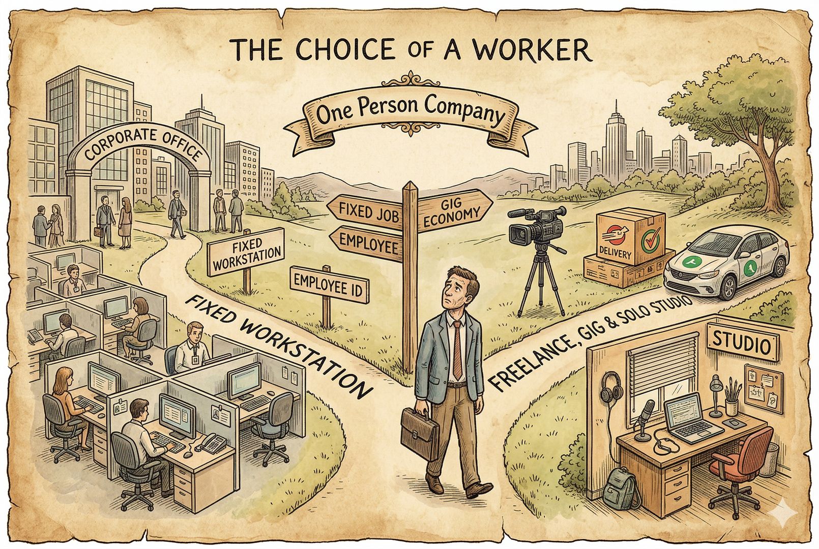 一位刚离开办公室的人站在三岔路口，一边通向固定工位与工牌，另一边通向YouTube摄像机、外卖箱、网约车和单人工作室，头顶悬着“One Person Company”的手写招牌，羊皮纸，钢笔彩色手绘的统一风格。